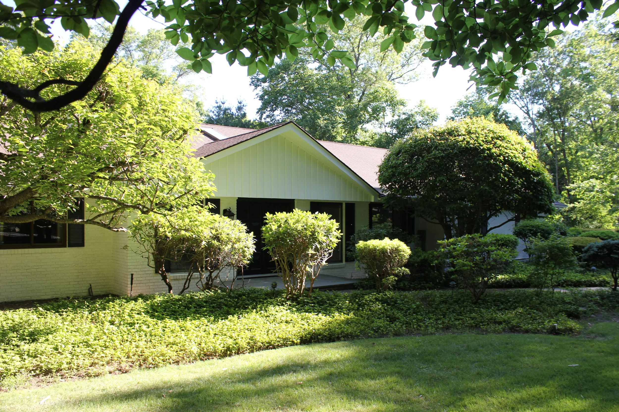 A house surrounded by lush greenery, including various trees and shrubs, with a clear sky in the background.