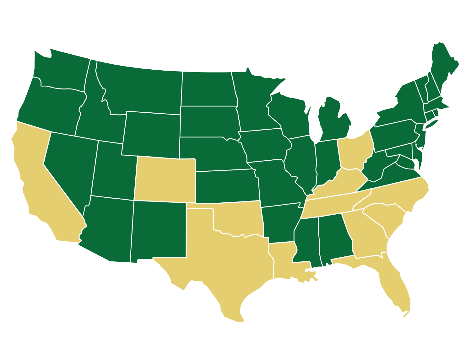 Map of the United States with some states colored in dark green and others in light tan, indicating a difference in data or categorization.