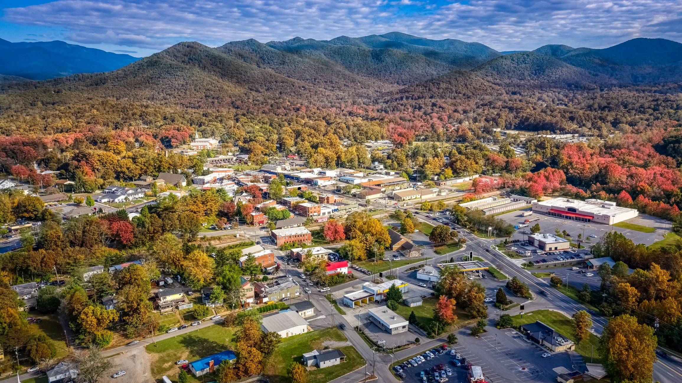 A Drone shot of Waynesville, NC symbolizing small businesses in Western North Carolina.
