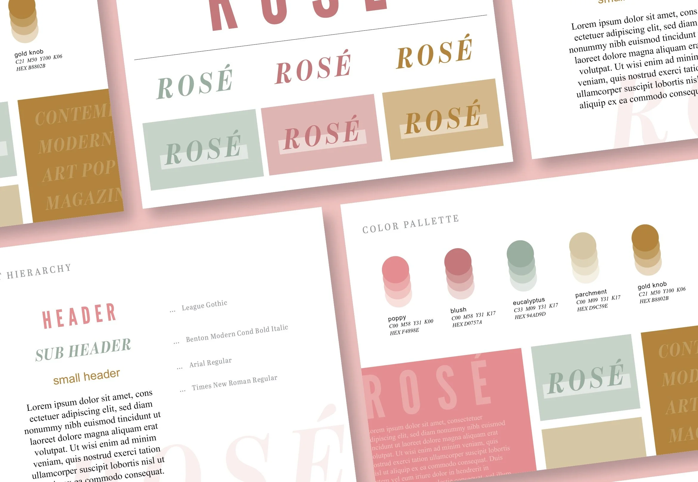 Rose, a contemporary pop-culture magazine concept. Brand guidelines including an extensive color palette, logo variations, font hierarchy, and more aesthetic concepts. 