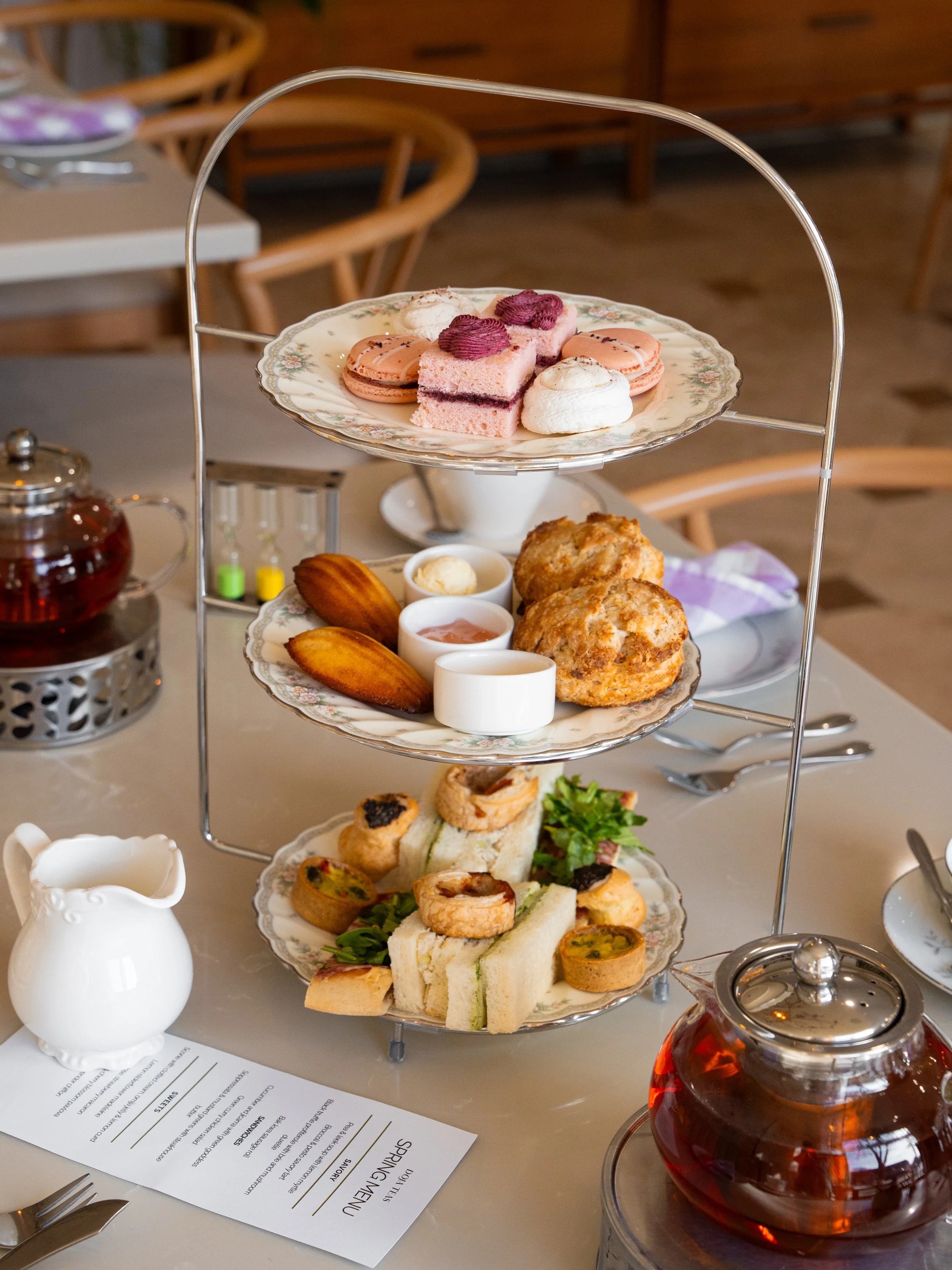 Afternoon Tea Tier with scones, desserts and savory sandwiches
