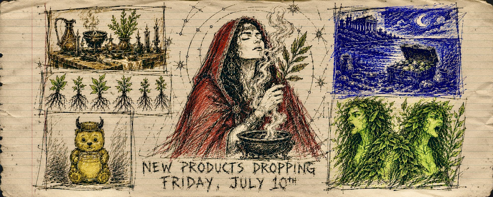 A detailed illustration of a woman in a red hooded cloak holding a smoke-emitting bowl, surrounded by sketches of various herbal and potion ingredients, including plants, potions, and mythical creatures, on a parchment background. The text reads "New products dropping Friday, July 10th."