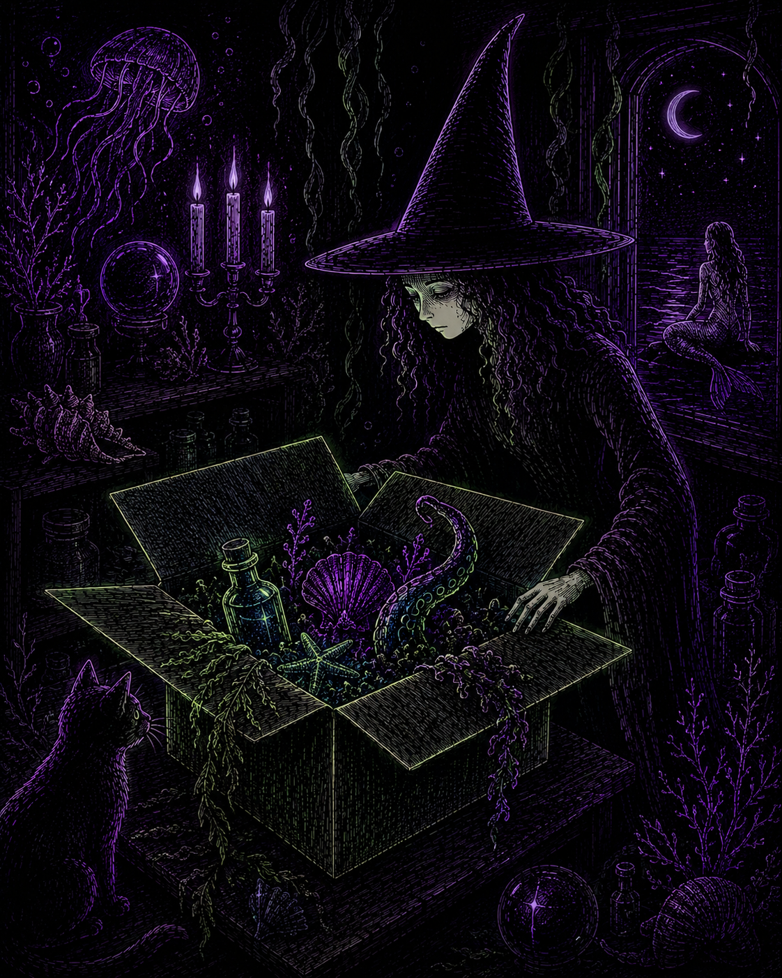 A digital illustration of a witch with a pointed hat and curly hair in a dark, mystical room filled with magical and ocean elements. She is opening a box containing bottles, seashells, starfish, seaweed, and an octopus tentacle, surrounded by a black cat, candles, and mystical objects. A woman sits near a window, looking at the night sky with a crescent moon, and a glowing jellyfish floats in the air.