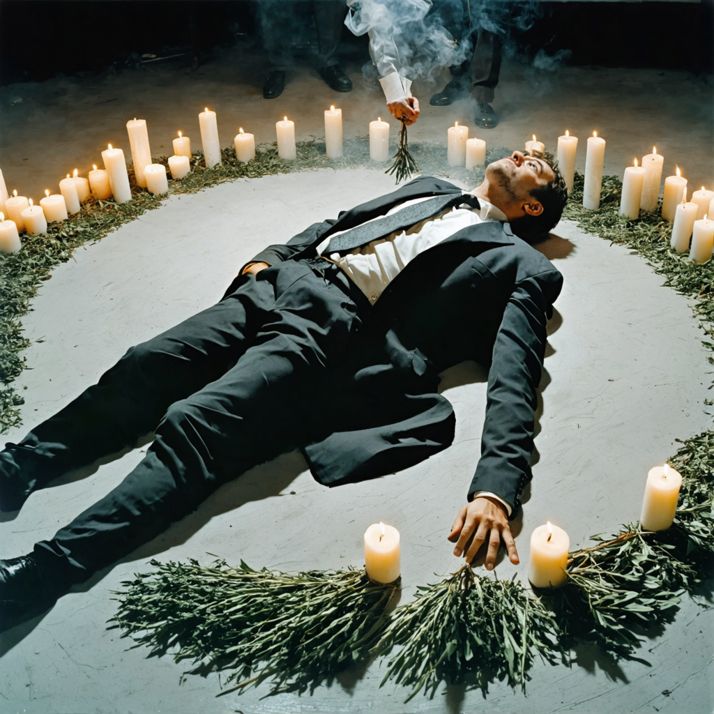 A man in a suit lying on the ground in a circle of lit candles and greenery, with a person standing above holding a small bundle of herbs or flowers, surrounded by a smoky atmosphere.