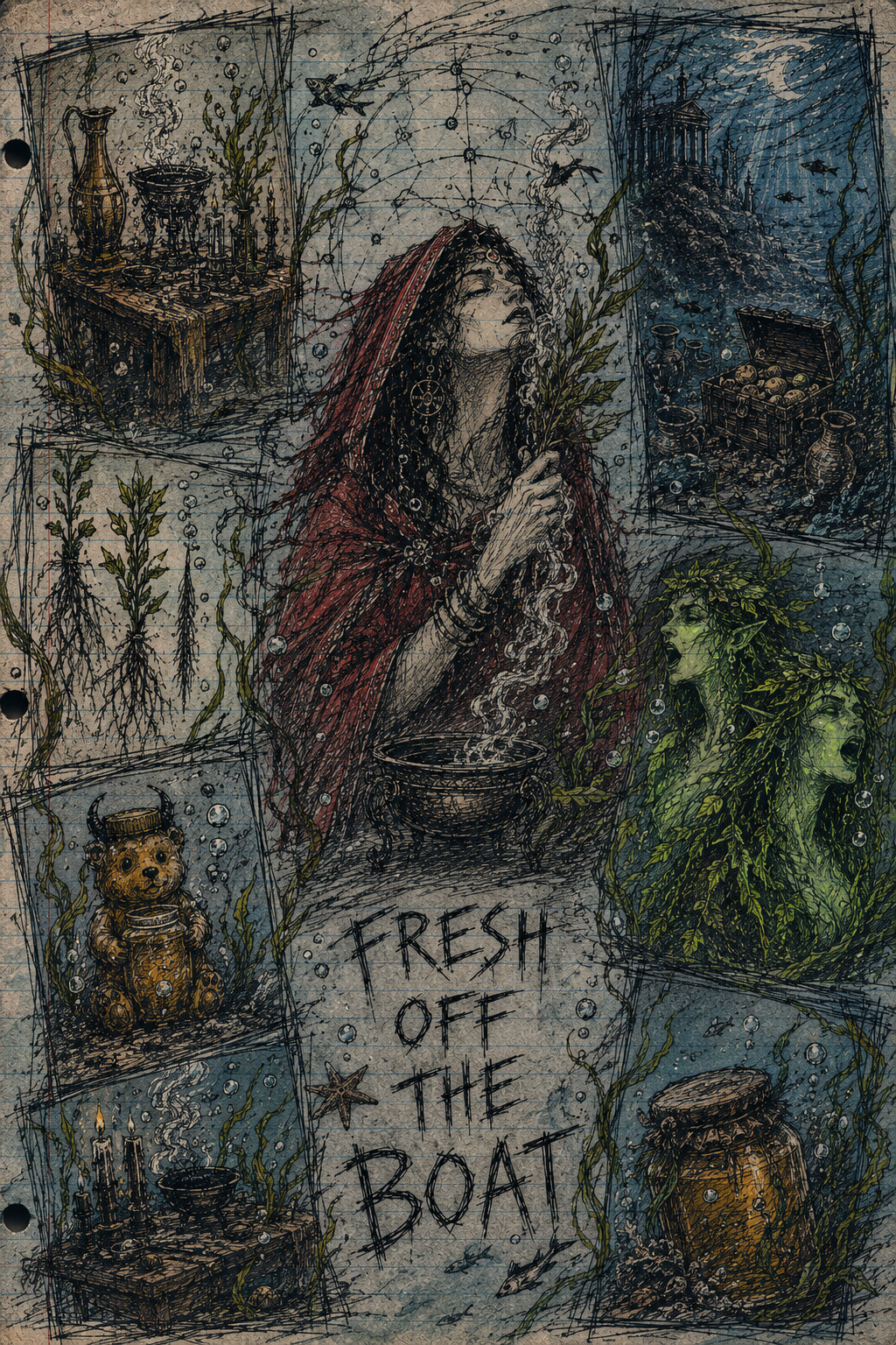 A mystical drawing of a woman with long, dark, wavy hair, dressed in a red cloak, holding a staff, with eerie green faces and underwater-themed objects around her, including vases, a treasure chest, and plants. The words "FRESH OFF THE BOAT" are written in the middle.