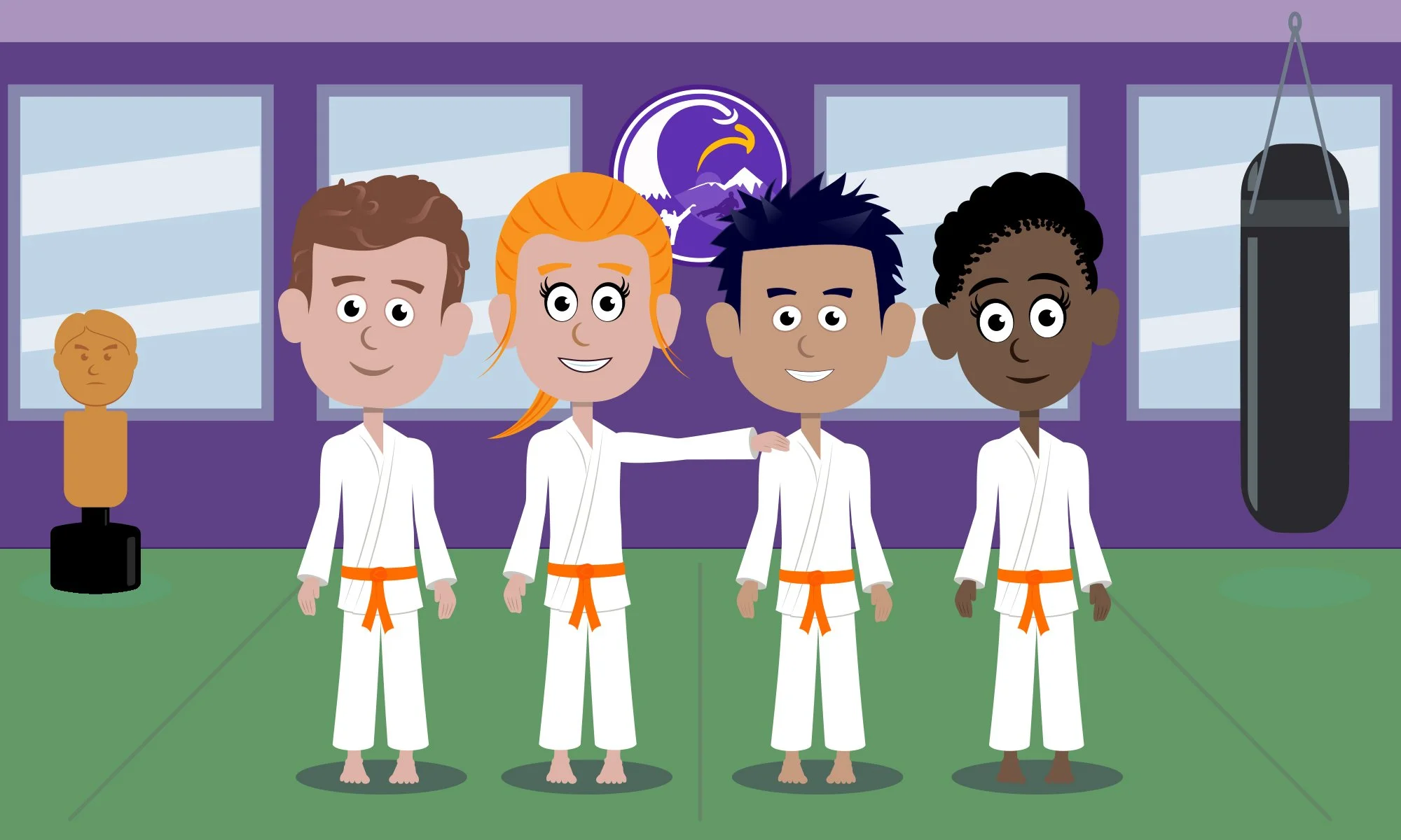 Illustrated group of four young karate students wearing white uniforms and orange belts standing together inside a dojo with punching bag and training dummy in the background