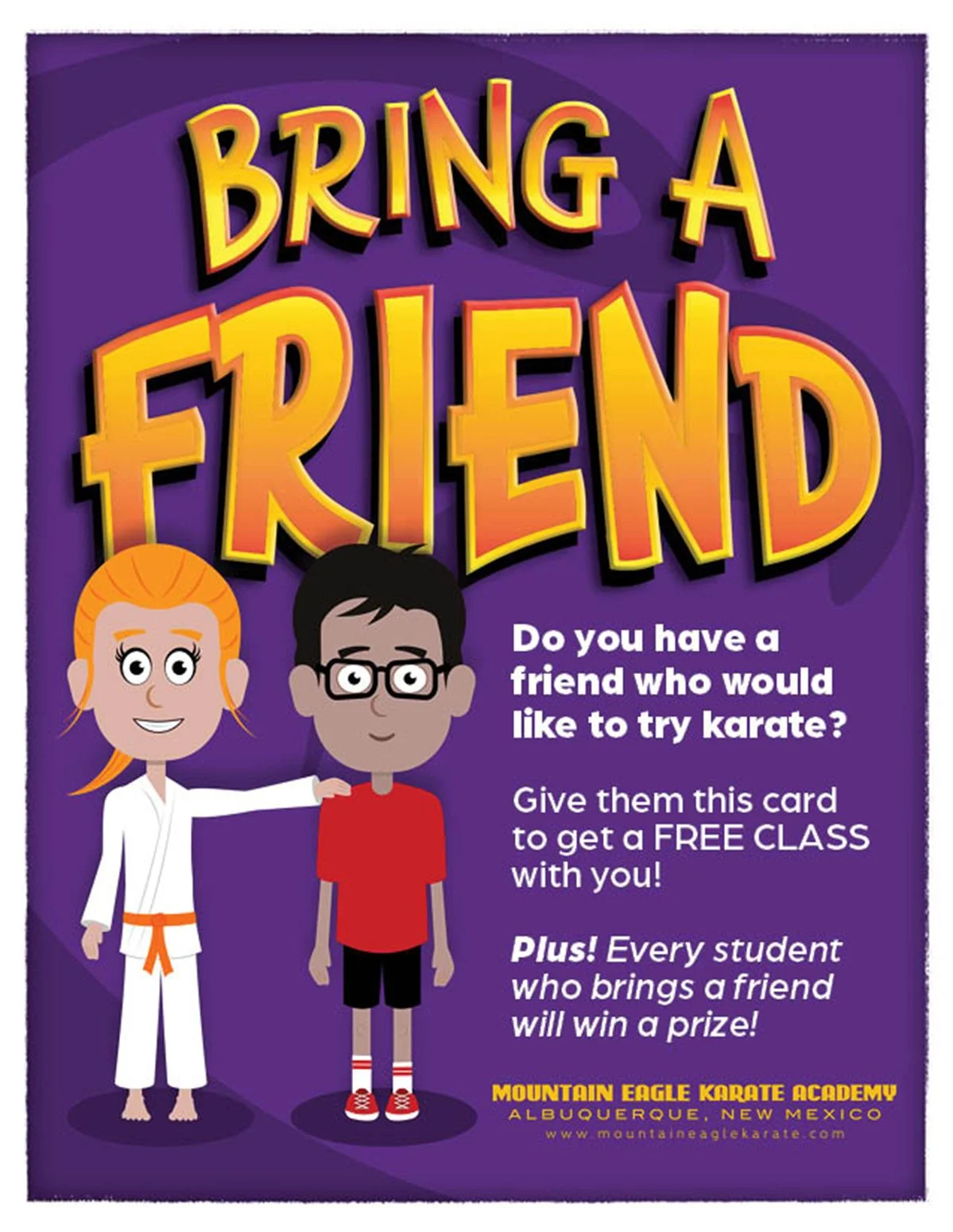 “Bring a Friend” promo graphic inviting students to share a free class with a friend, featuring cartoon characters and prize details.