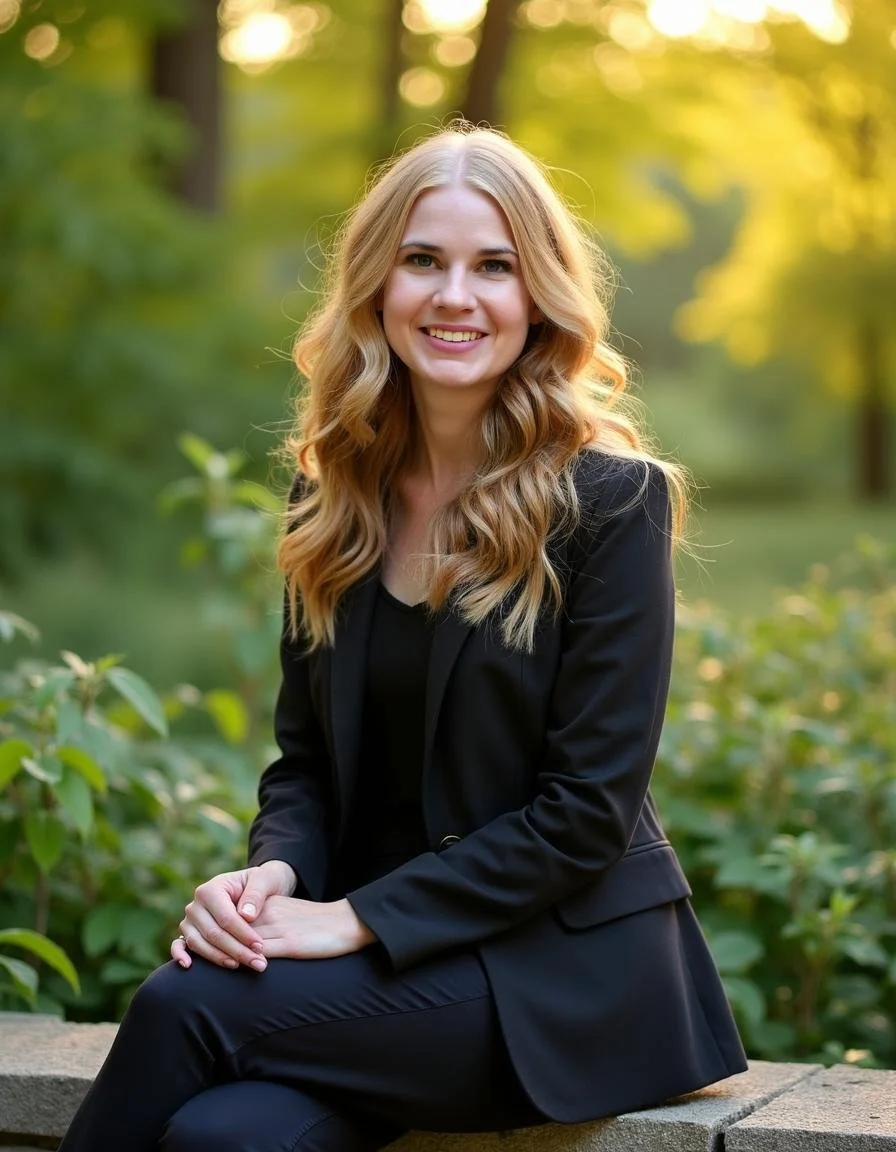 A young woman with long wavy blonde hair, wearing a black blazer and black pants, sitting outdoors on a stone surface, smiling at the camera, with a lush green background and sunlight filtering through trees.