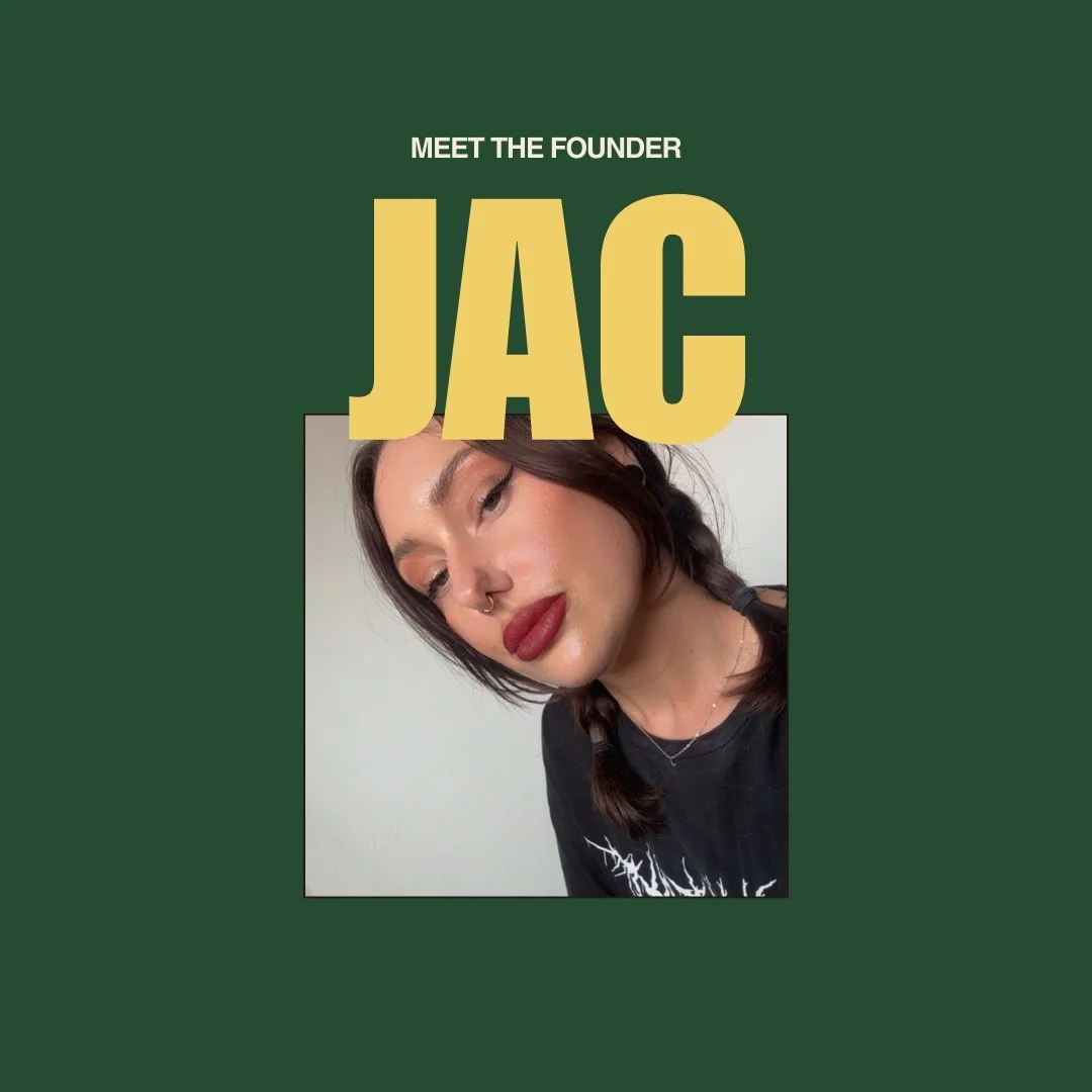 A woman with dark hair styled in two braids, wearing a black shirt and red lipstick, looking slightly down. The background of the image is plain white, and the photo is framed with a green border. Above her, large yellow text reads 'JAC' with smaller white text above it saying 'Meet the Founder'.
