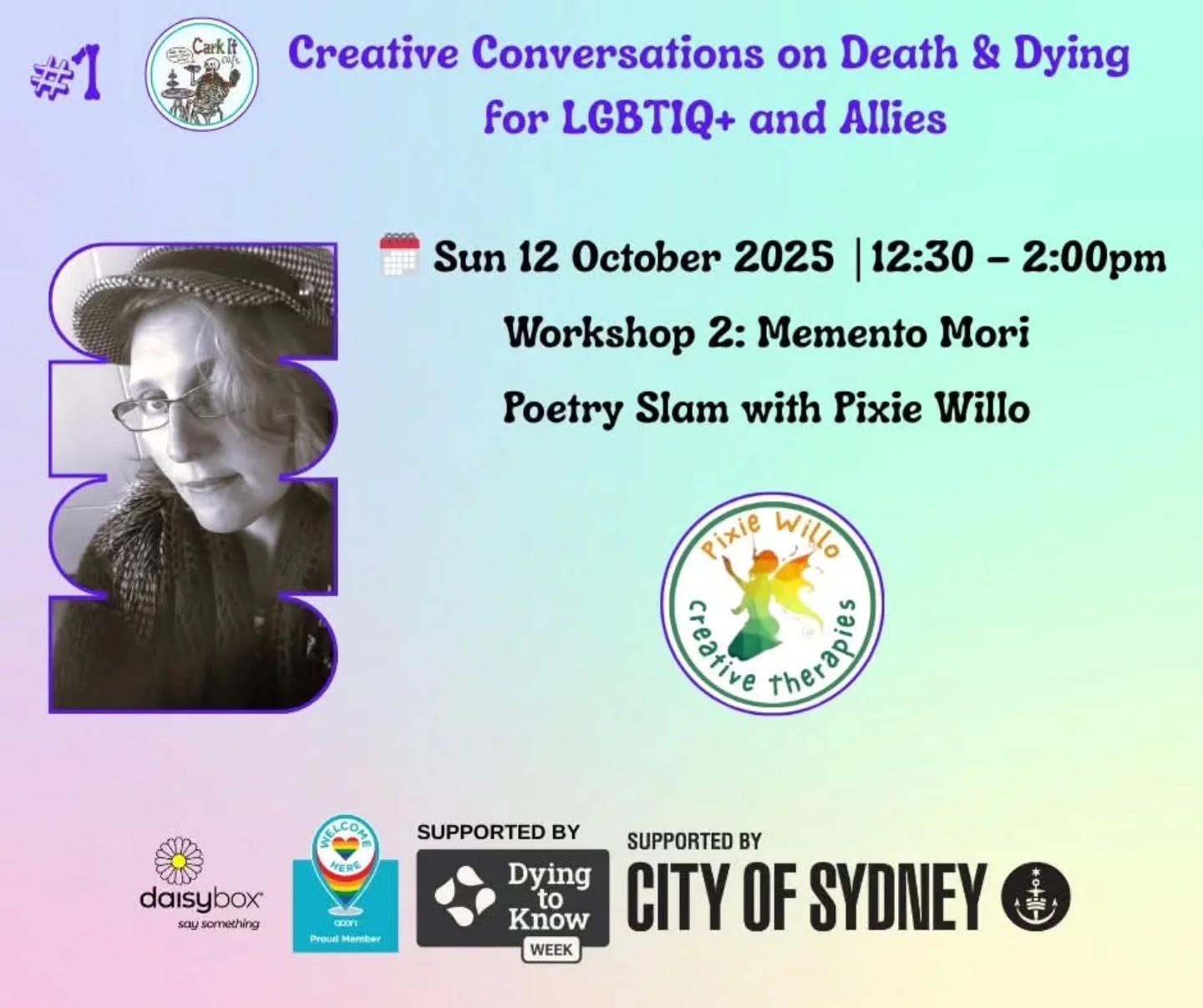 Write your own eulogy, honour someone you&rsquo;ve loved and lost, or explore what it means to face endings with openness. 

Join  @pixiewillo_creativetherapies for Memento Mori Poetry Slam Workshop!

Sunday 12 October, 
12:30 - 2:00 pm 
East Sydney 