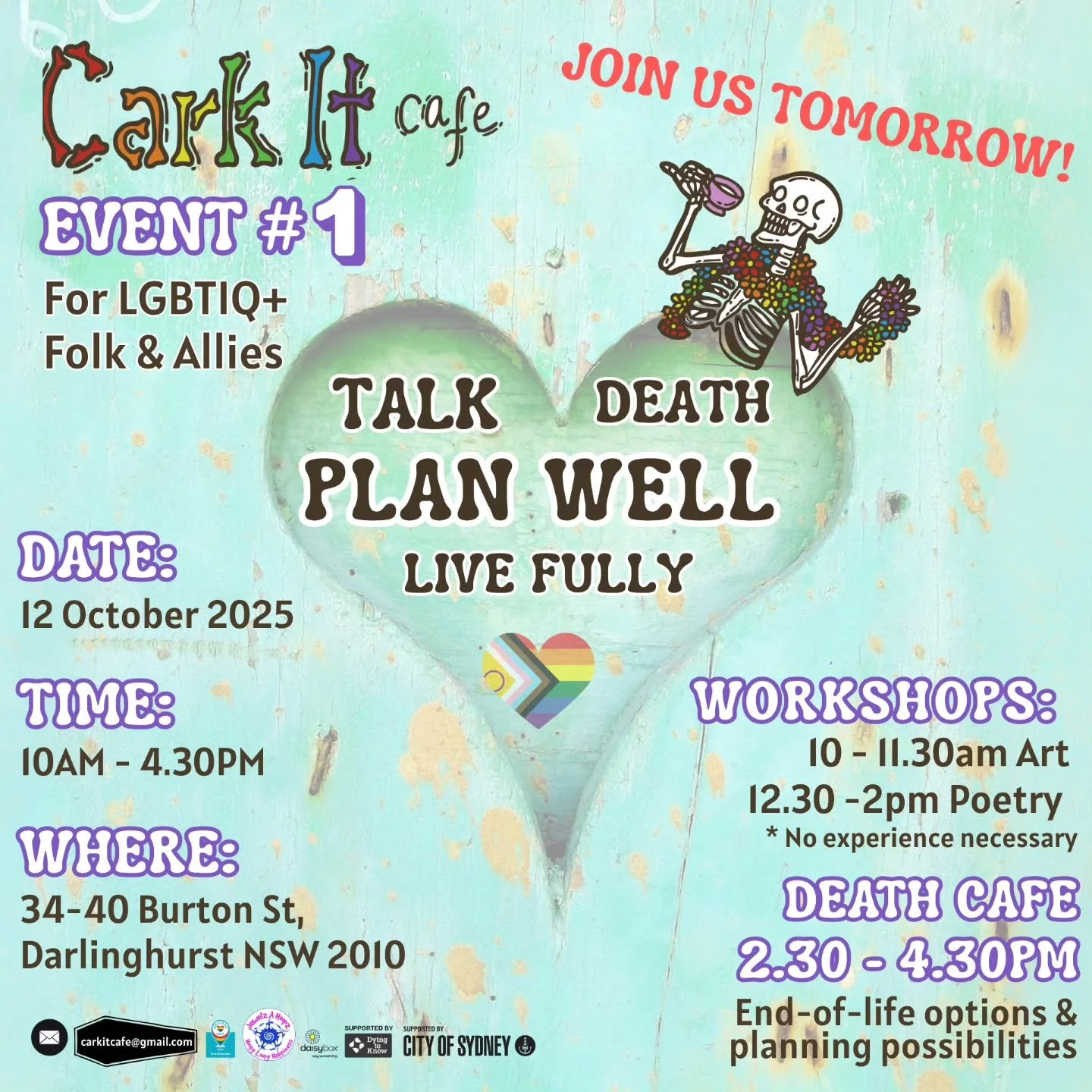 Join us  Tomorrow!

Creative Conversations on Death &amp; Dying for LGBTQI+ &amp; Allies. The first in the series of four events is happening tomorrow 12 October at East Sydney Community Arts Centre! There are spaces still available.  Click on Humant