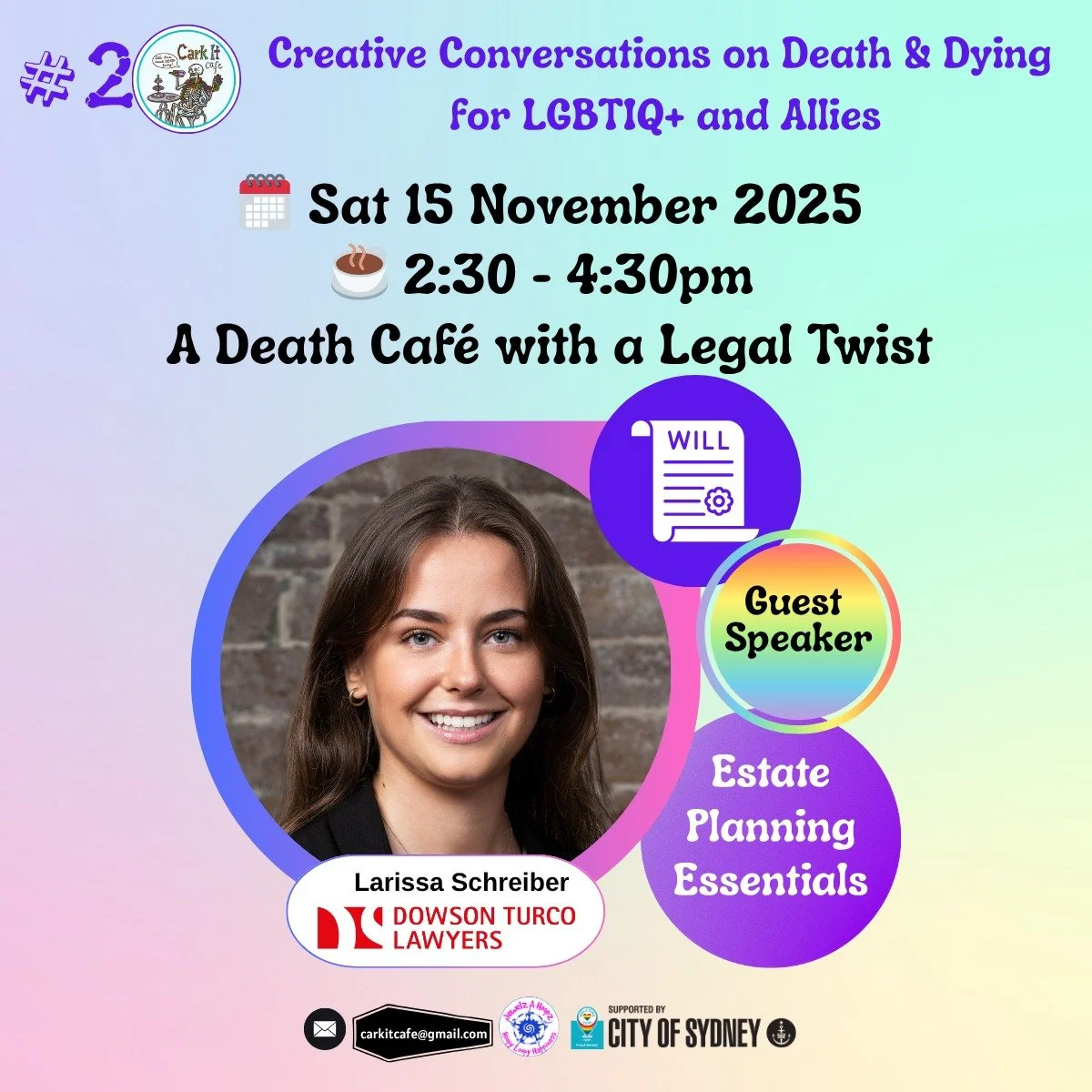 Cark It Caf&eacute; &mdash; A Death Caf&eacute; with a Legal Twist!  A free event, with guest speaker Larissa Schreiber from @dowsonturcolaw (DTL) - Saturday 15th November!

This isn&rsquo;t counselling &mdash; it&rsquo;s a cuppa-fuelled conversation
