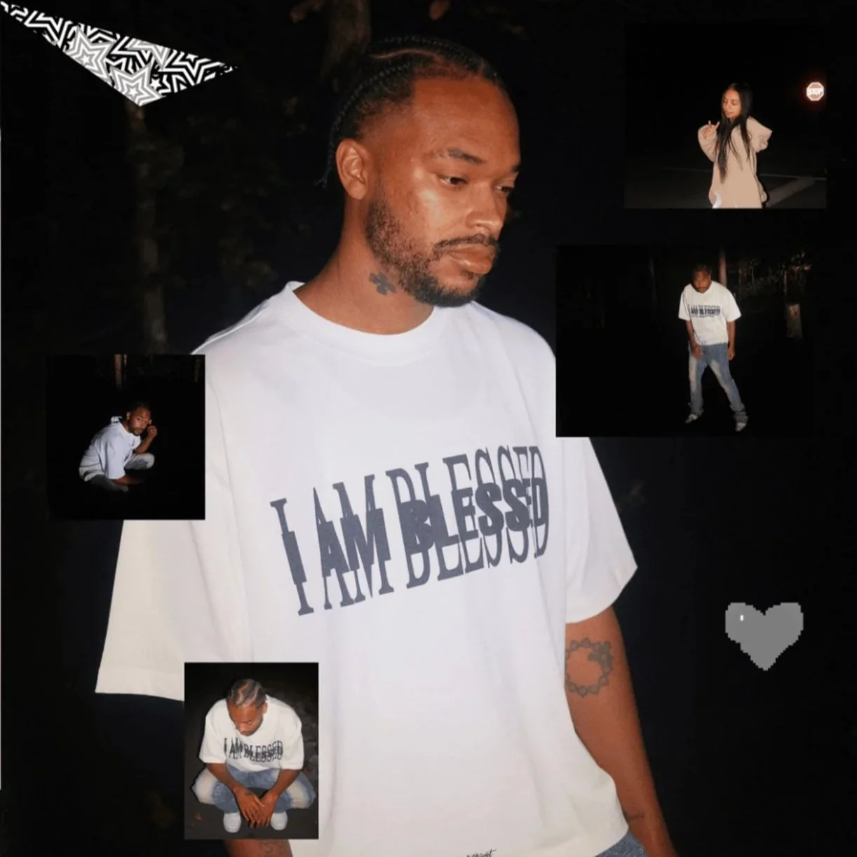 Jx.Zero with braided hair and tattoos stands outside at night, wearing a white t-shirt with the text 'I AM BLESSED'. Multiple smaller photos of the same man are overlaid, some showing him squatting and posing.