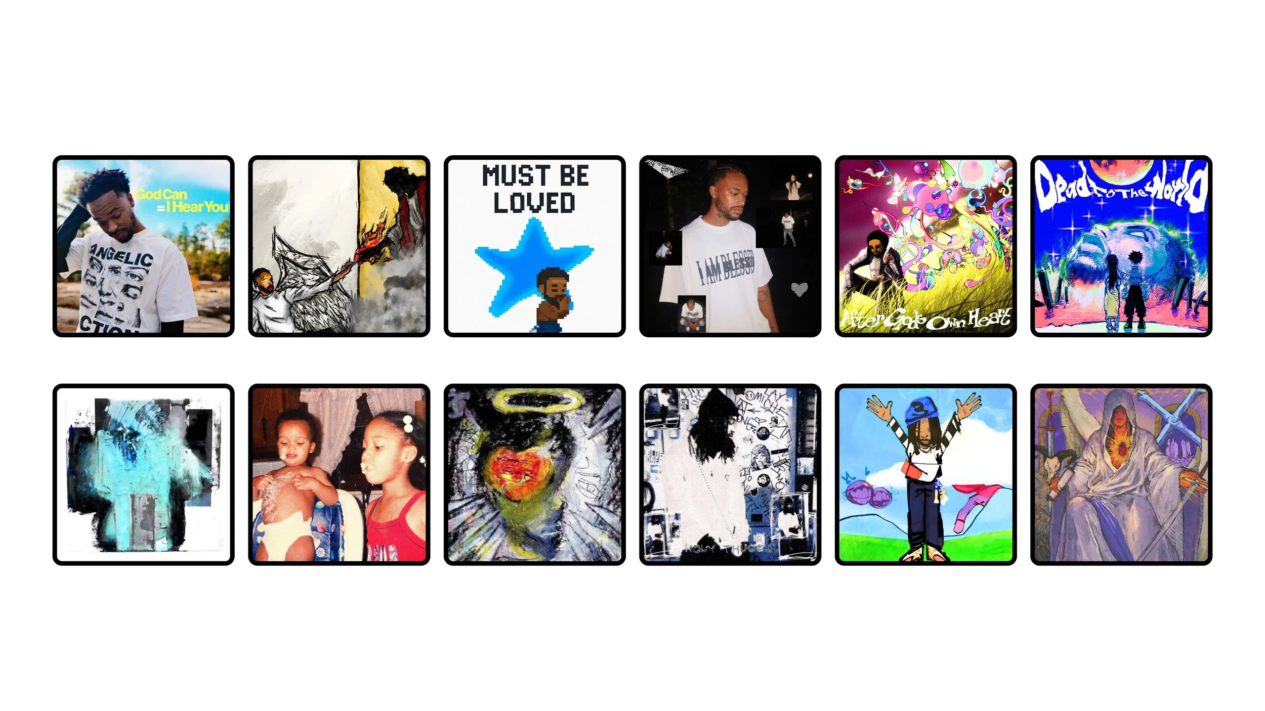 A collage of 12 digital art and photo album covers featuring various characters, portraits, and abstract designs, including Jx.Zero wearing a white T-shirt, Emojis, graffiti, and street art styles, some with cartoon or anime influences.