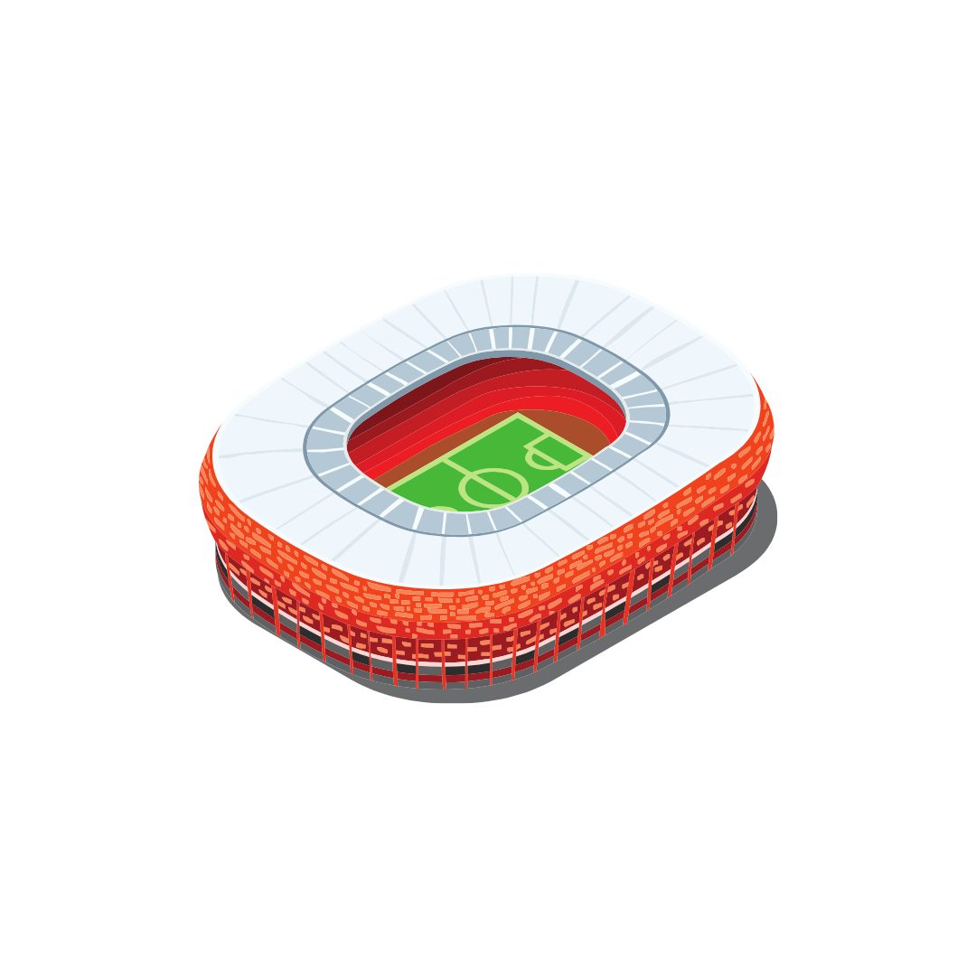 An illustration of a football stadium shaped like an oval, with a green field marked for football, surrounded by red and white seating sections.