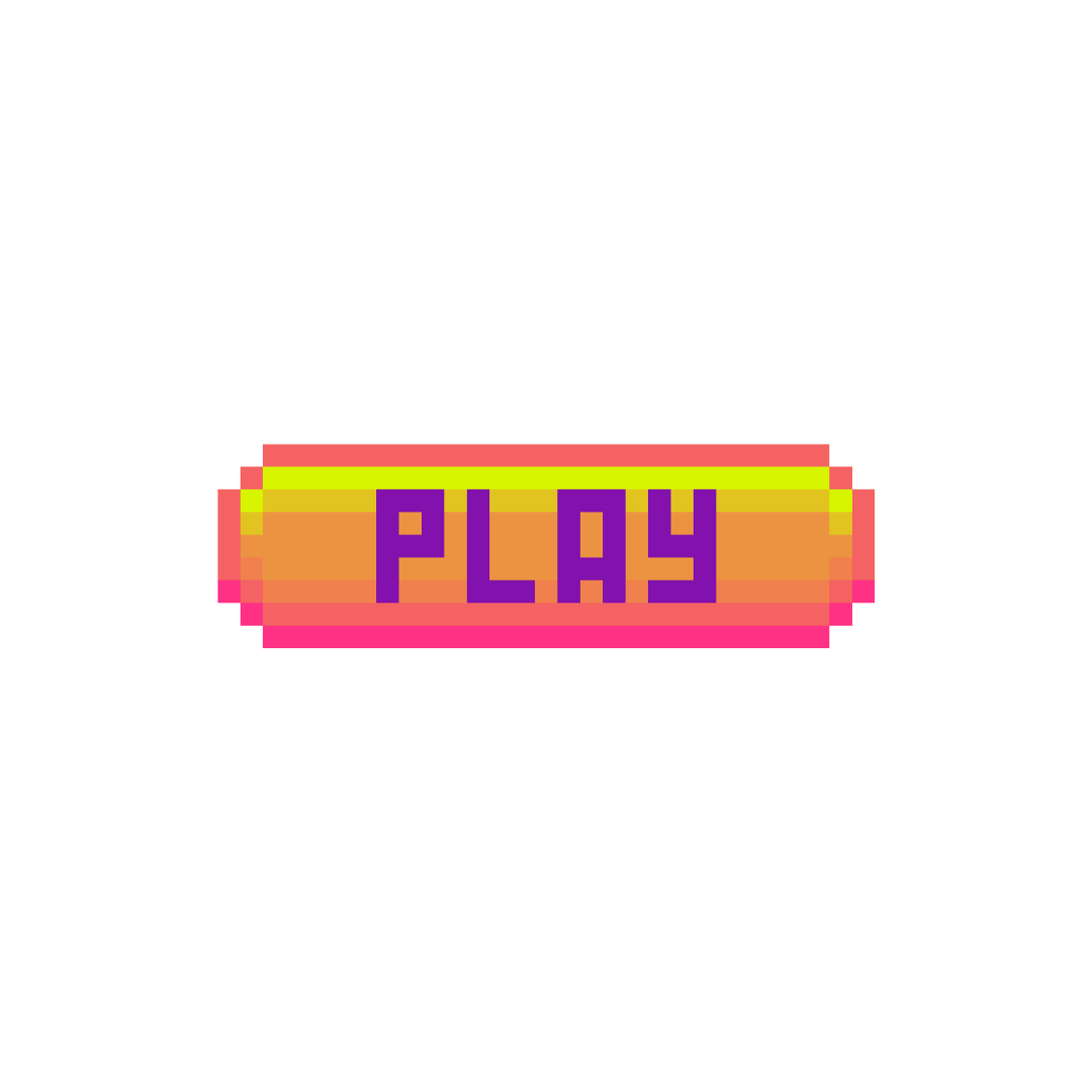 Pixel art style hot dog with a pink bun, yellow mustard, and the word 'PLAY' in purple letters on the bun.
