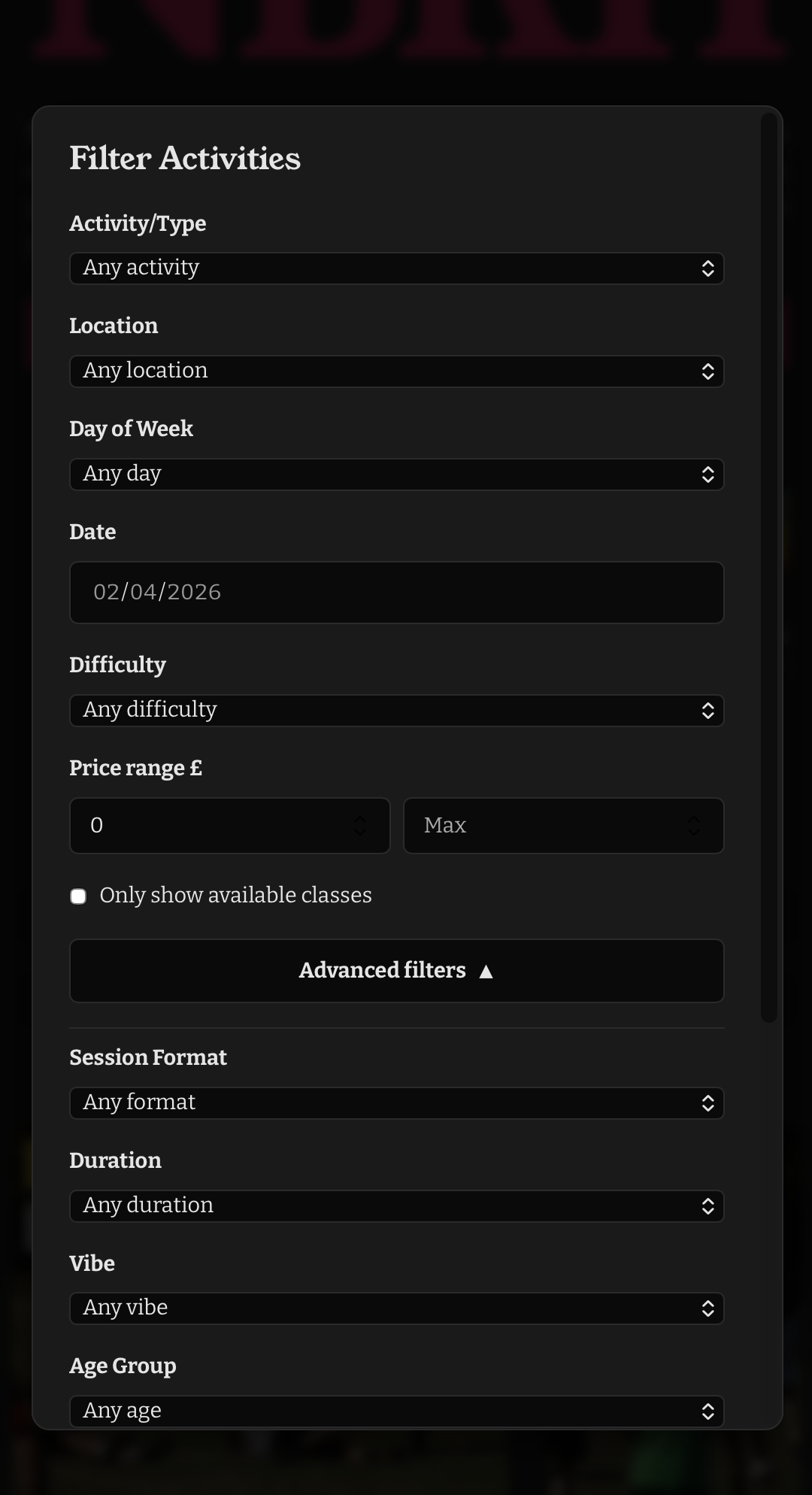 A dark-themed filter form for social sports activities with dropdowns, a date picker, price range, and advanced search options.