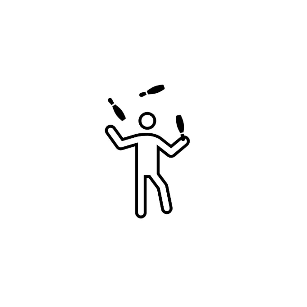 Line drawing of a person juggling multiple clubs.