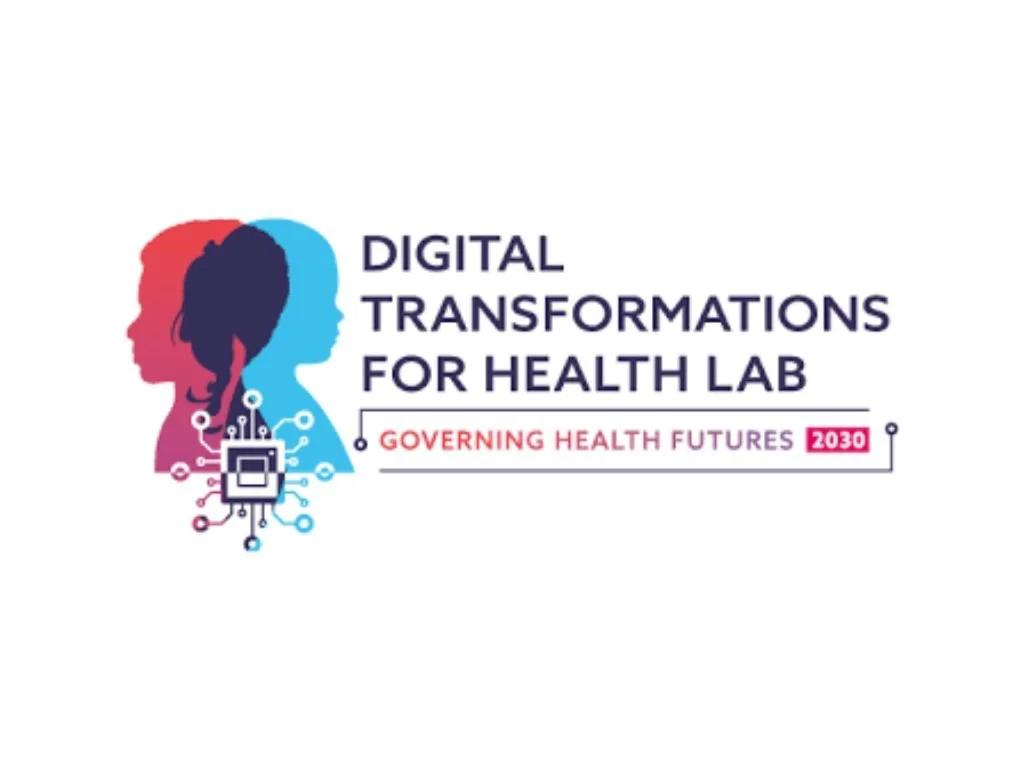 Logo for Digital Transformations for Health Lab, featuring silhouettes of a woman's face in pink, a child's face in dark blue, and a man's face in light blue, with a circuit board and microchip illustration.
