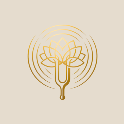 Awakened sound logo, tuning fork which blooms into  a stylized gold lotus flower at the top with concentric circles rippling around the icon.