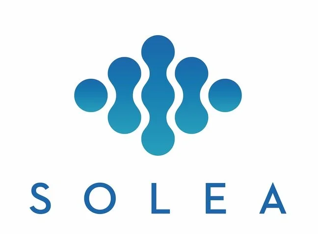 Logo with interconnected blue shapes forming a symmetrical design above the word 'SOLEA' in blue letters.