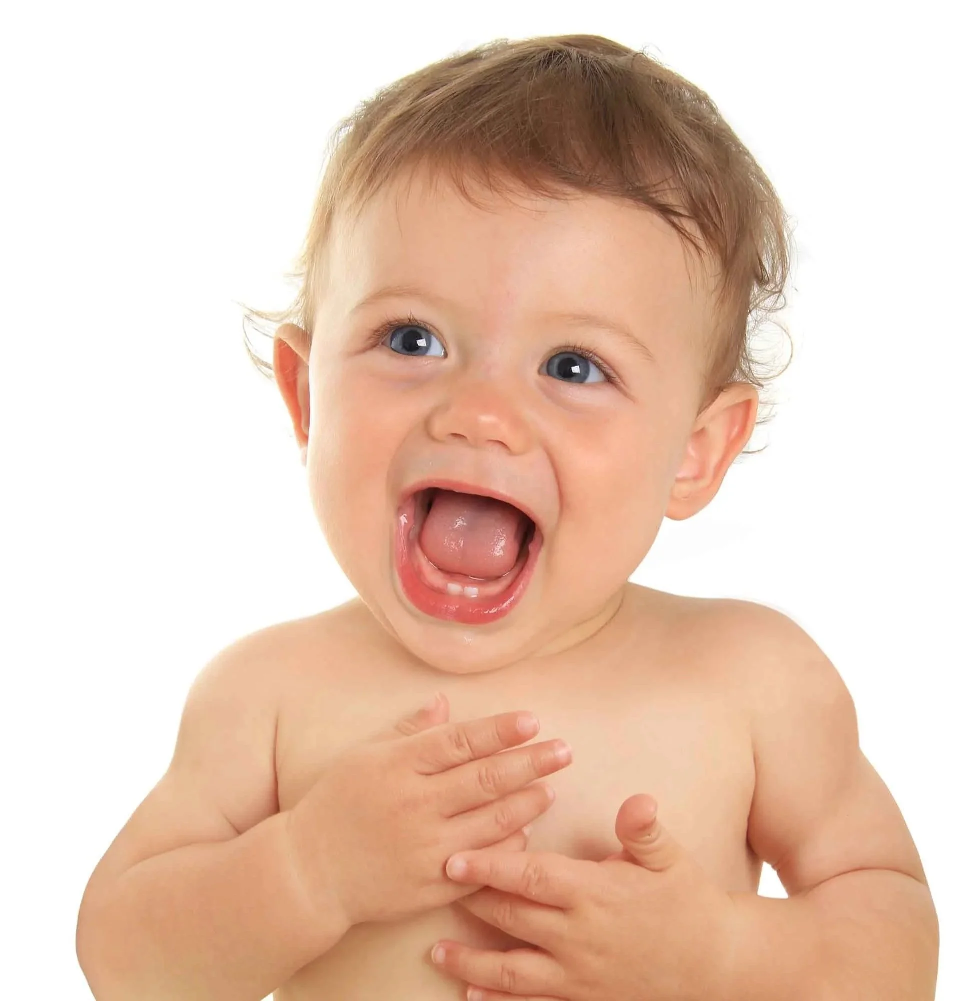 A baby with blue eyes and short brown hair smiling and opening mouth, with hands placed on chest against a white background.