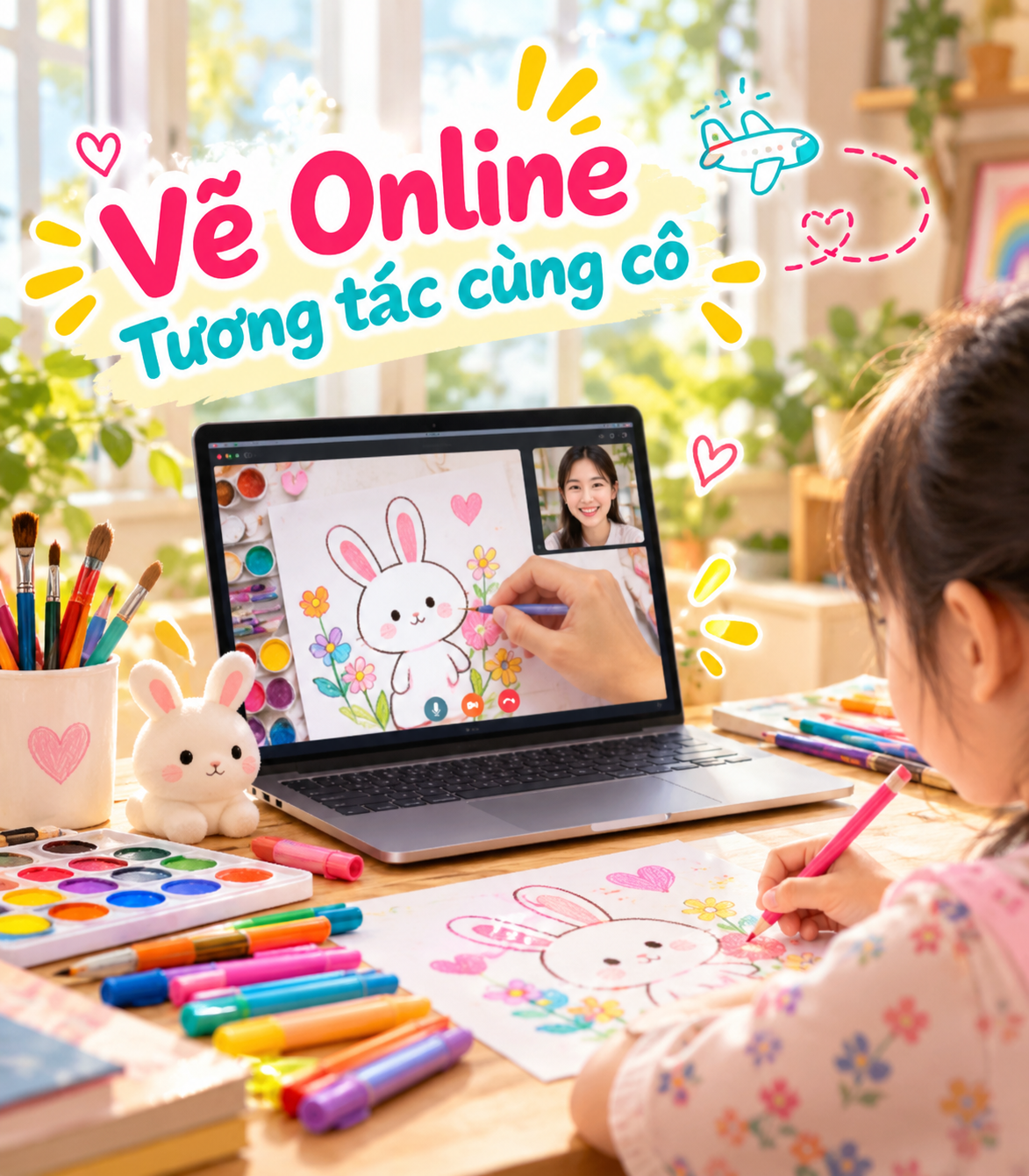 A child is drawing a colorful bunny on paper with markers, while participating in an online art session on a laptop. The laptop screen shows a video call with a smiling woman and the child's drawing. The workspace has art supplies, and a stuffed bunny toy is placed beside the laptop. The background is bright with sunlight and indoor plants, with the text 'Vẽ Online Tương tác cùng cô' displayed at the top.