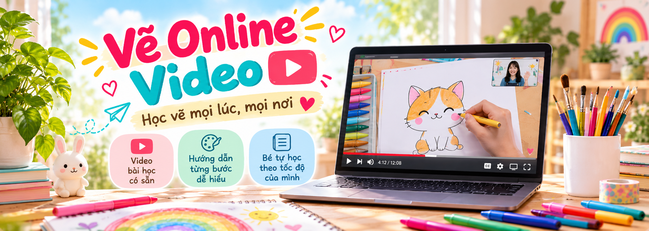 Colorful promotional banner for online video learning for kids, featuring a laptop showing a video of a girl drawing a cute cat with markers, surrounded by colored markers and art supplies on a sunny desk.