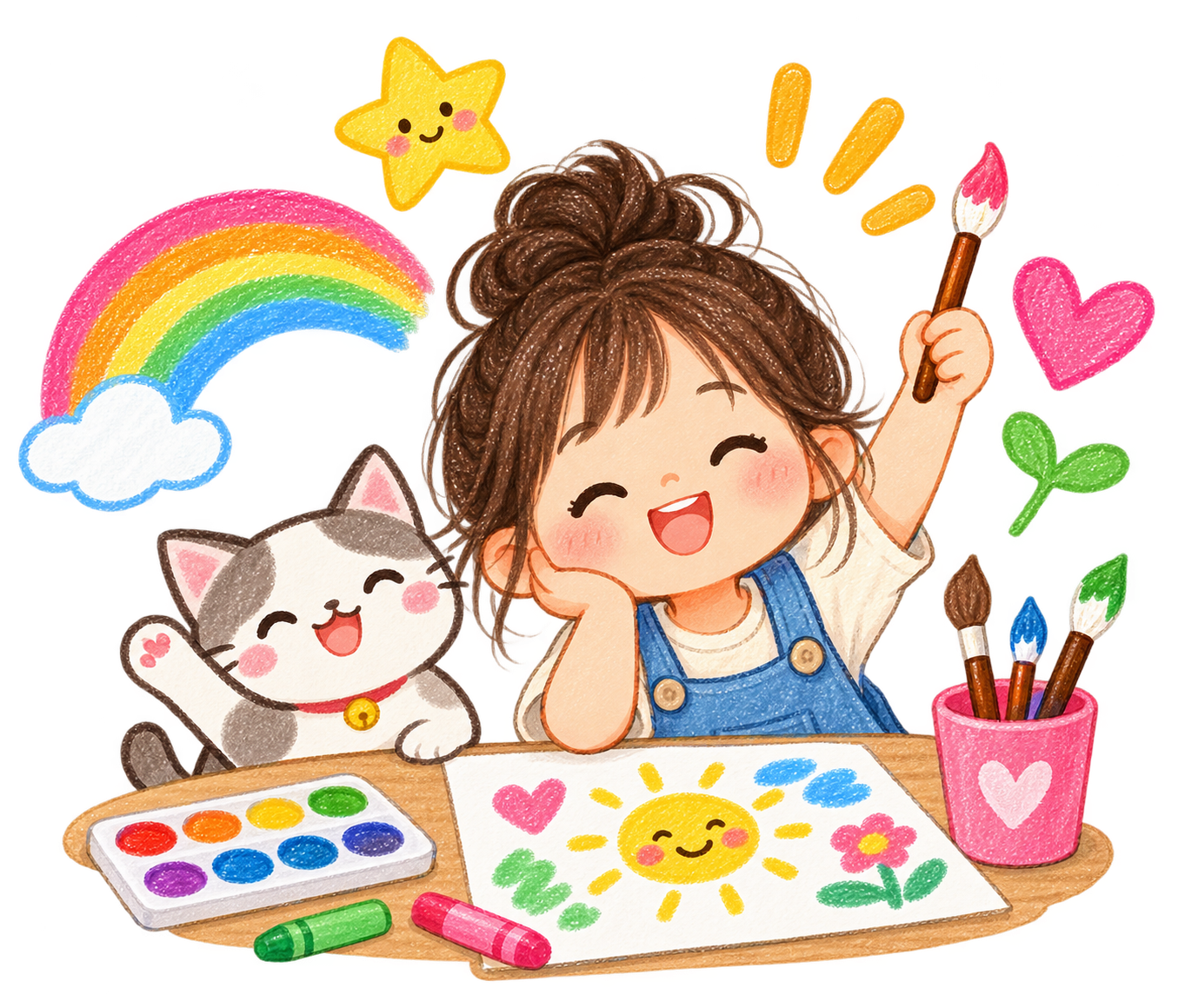A happy girl with brown hair in a bun, wearing a white shirt and blue overalls, sitting at a table with drawing supplies, holding a paintbrush. A cheerful gray and white cat with a red collar sits beside her. The girl is drawing a colorful sun, hearts, and flowers on paper. There is a pink cup with paintbrushes, a palette with colors, and a green crayon on the table. A rainbow with a smiling star and a pink heart float in the background.