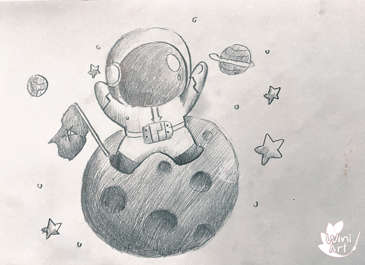 A pencil drawing of an astronaut sitting on a small moon or asteroid, holding a flag with a star. There are stars, planets, and space debris in the background.