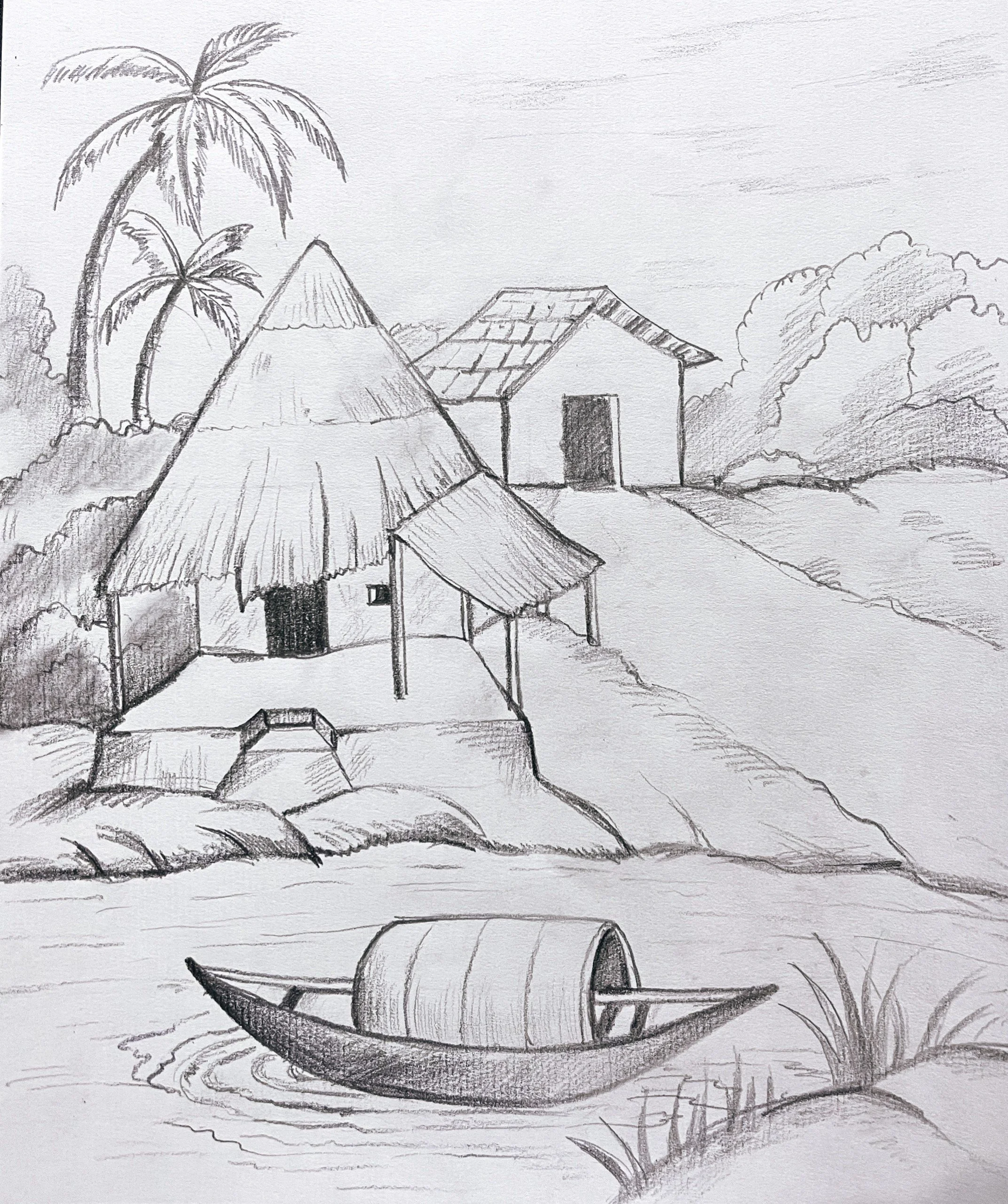 A pencil sketch of a rural scene with a house, thatched roof huts, a boat in a water body, trees, and grassy landscape.