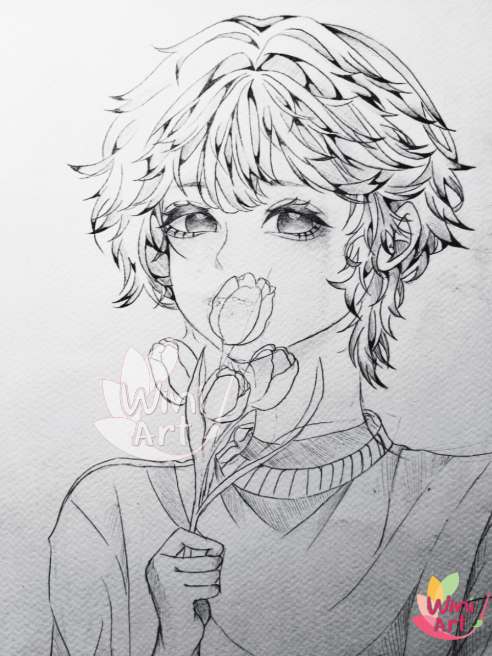 Black and white line drawing of a person with short, wavy hair holding a flower near their face, with a playful expression.