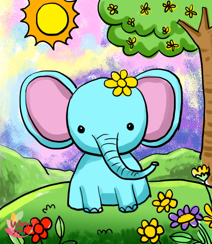 A cute cartoon blue elephant with pink ears and a yellow flower on its head sitting on grassy land surrounded by colorful flowers, under a bright sun with a green tree with yellow flowers in the background.