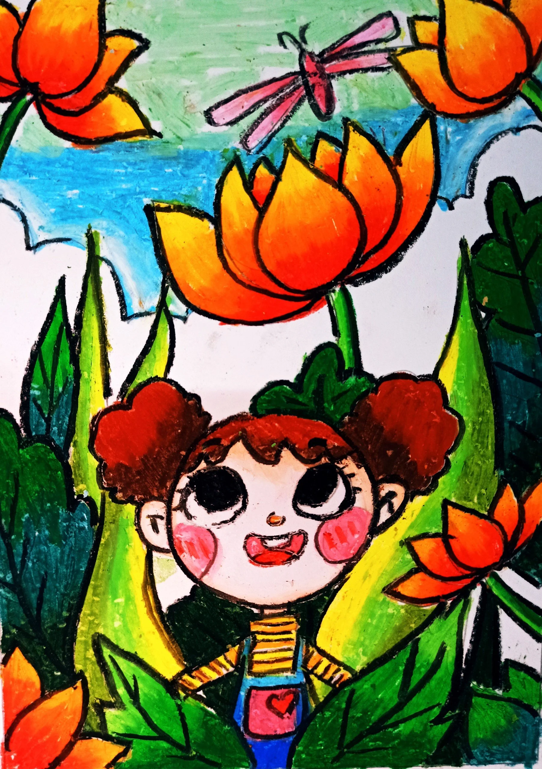Colorful drawing of a girl with big eyes, curly hair with red curls, wearing a striped shirt, holding a cup with a heart on it, surrounded by large orange flowers, green leaves, and a dragonfly in the background.