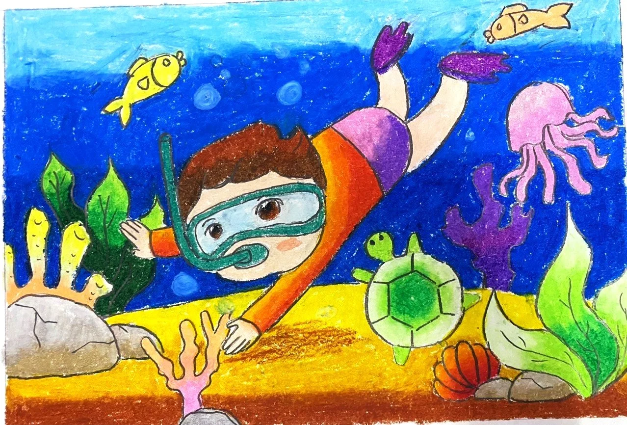 Child wearing snorkeling gear swimming among colorful fish, a turtle, jellyfish, and coral underwater.