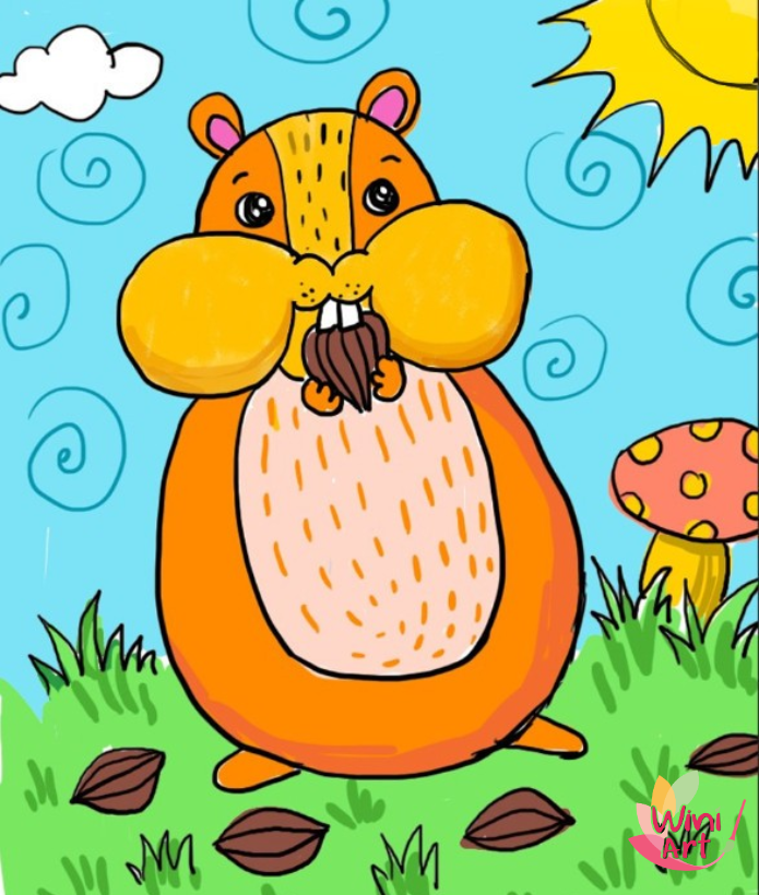 A cartoon animal with the body of a hamster and the face of a beaver, standing on grass with a mushroom and a bright sun in the sky.