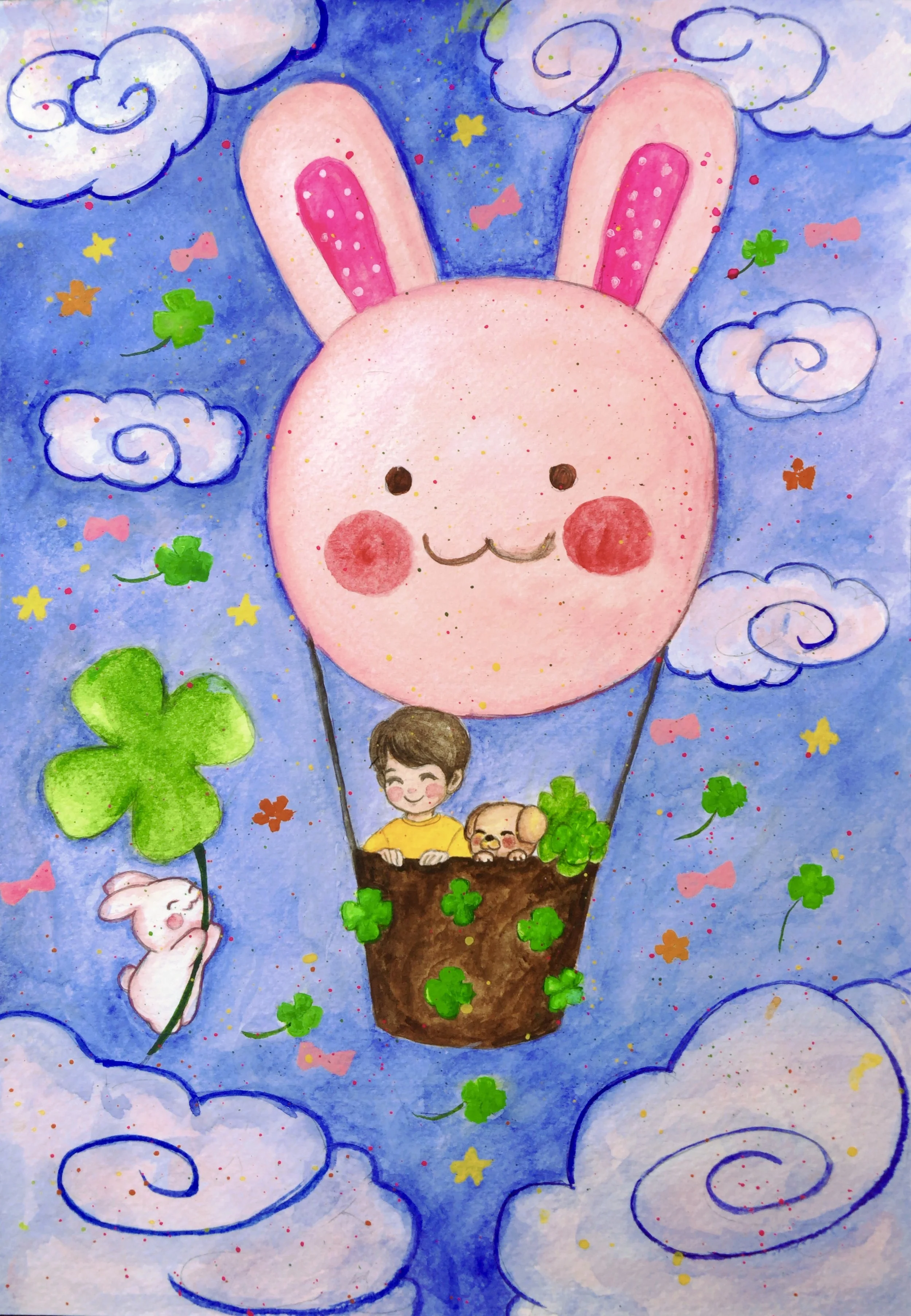 A whimsical illustration of a hot air balloon with a large pink bunny face and ears, carrying a boy and a puppy in the basket. The background features a blue sky filled with colorful stars, clouds, four-leaf clovers, and tiny pink bows, creating a dreamy, playful scene.