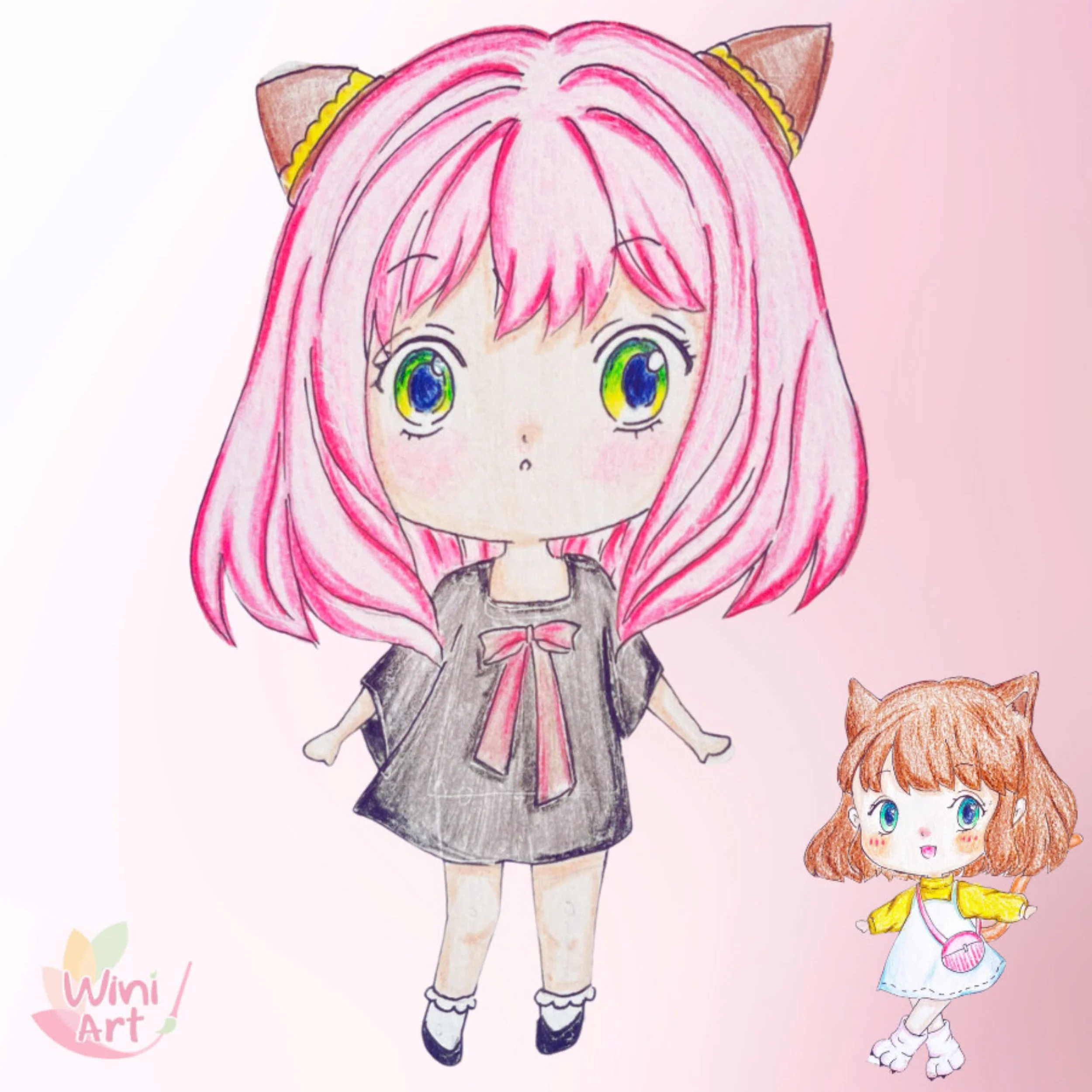 Hand-drawn picture of a girl with pink hair, blue eyes, wearing a black dress with a pink ribbon, standing next to an orange cat.