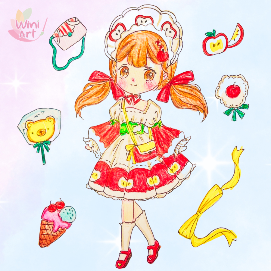 A colorful hand-drawn illustration of a girl with orange hair styled in pigtails, wearing a dress with apple motifs, and surrounded by candy and ice cream treats.