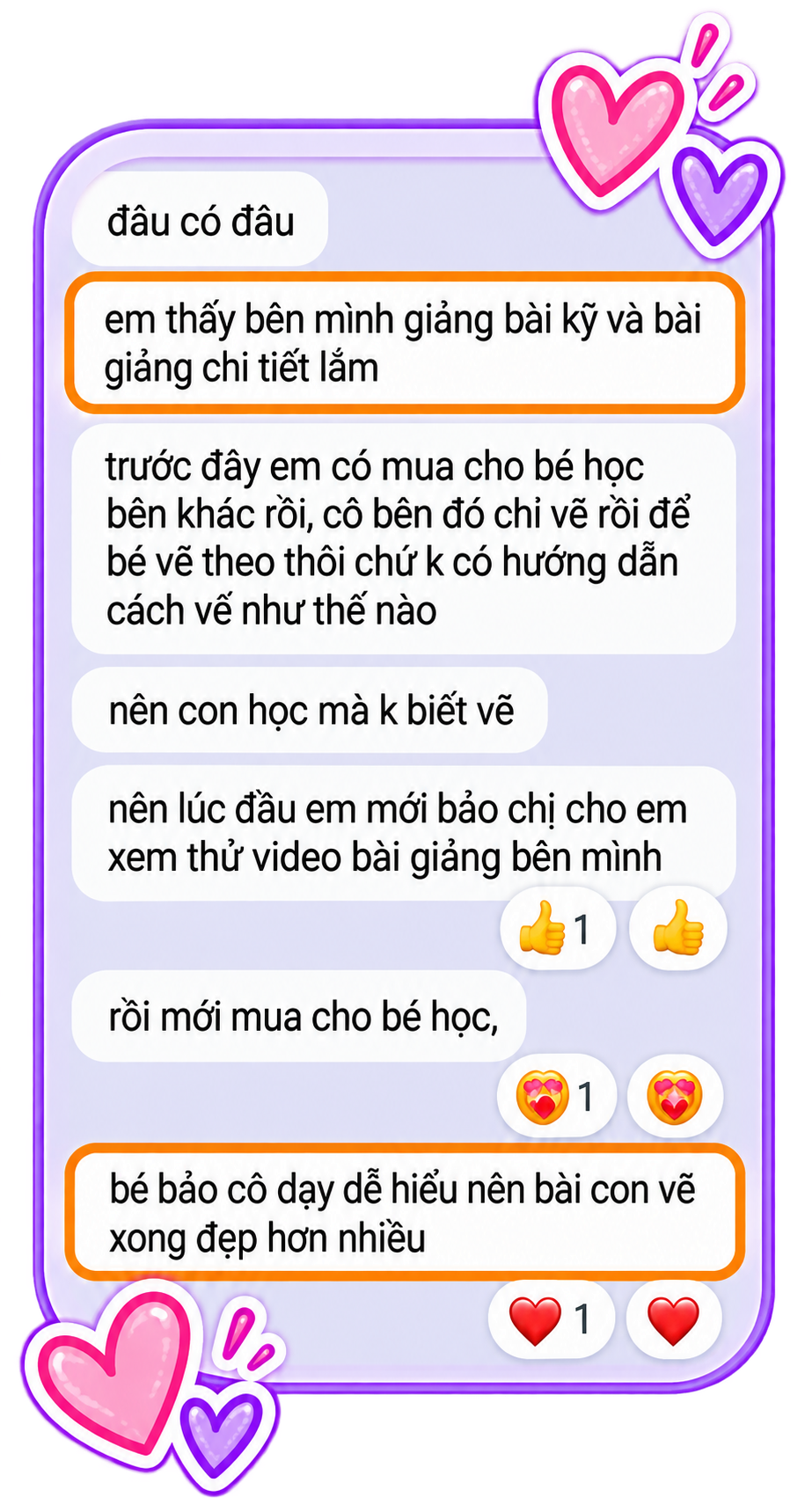 A colorful messaging app screenshot with Vietnamese conversation about teaching a child, decorated with pink and purple hearts and hearts with reaction icons.