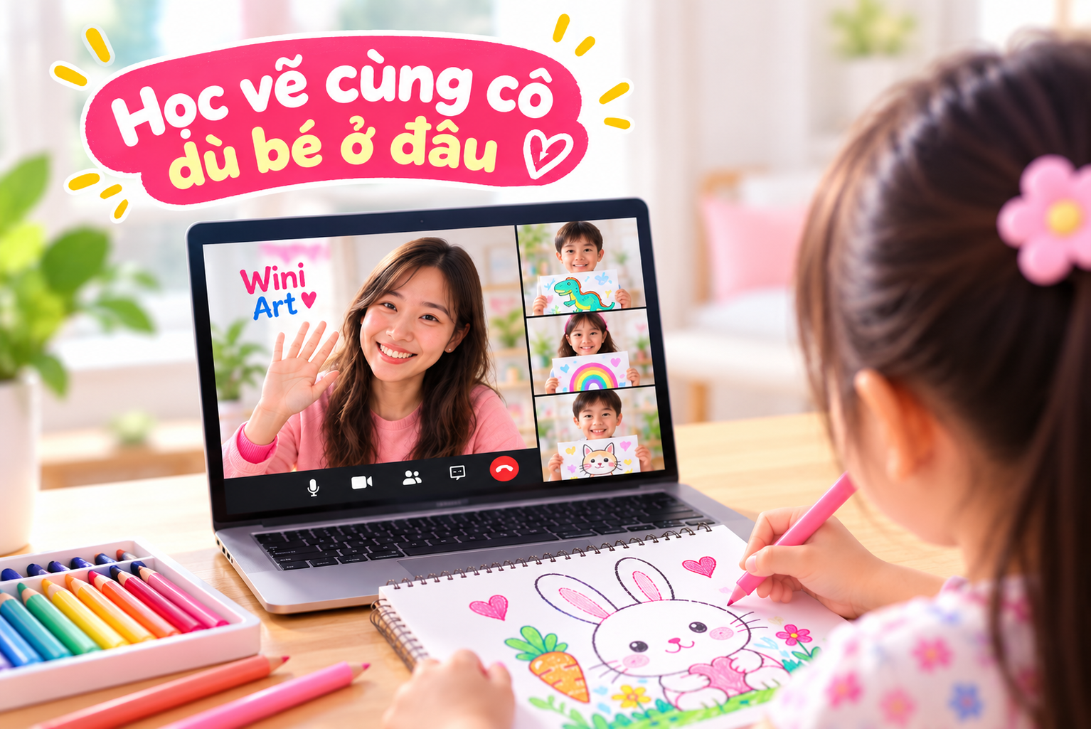 A girl with a pink flower hair clip engages in a virtual online art lesson with a teacher and three children on a laptop, drawing a bunny on paper, with colorful markers and artwork visible.