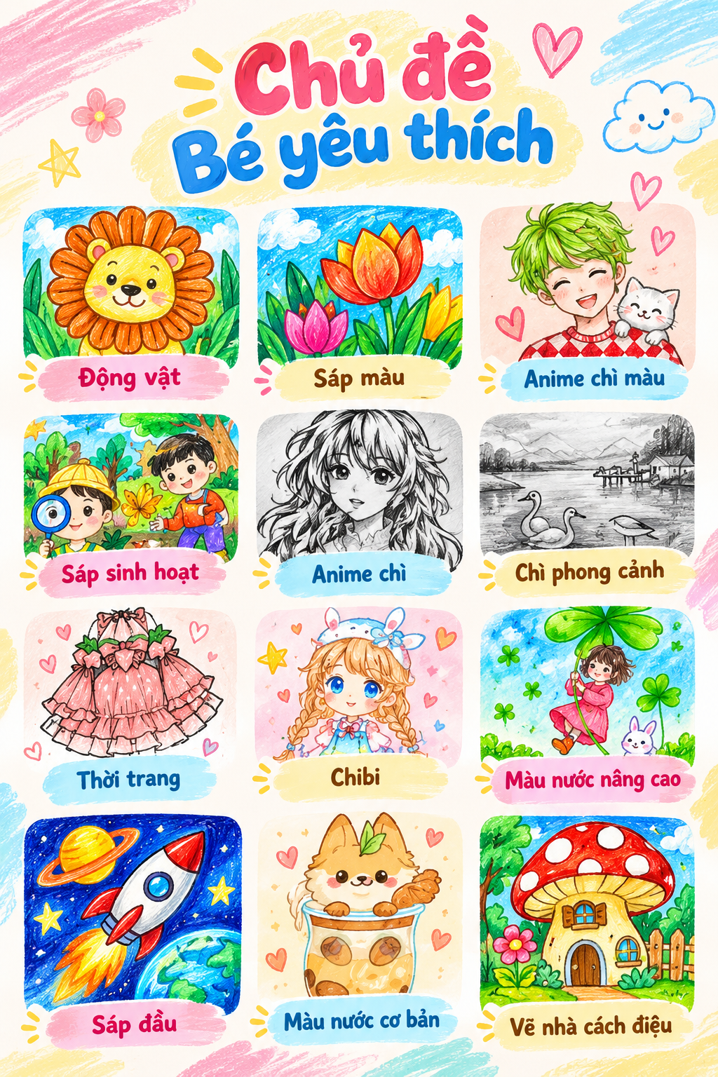 Colorful poster with various illustrations representing children's interests. Top row: various themes like animals, colorful flowers, animated characters, landscape scenes, fashion, princess, drinking cup, and a mushroom house.
