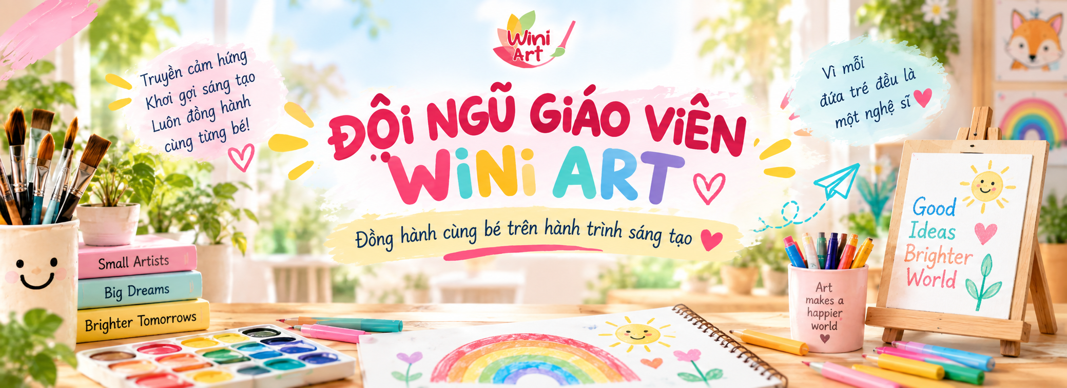 Colorful promotional image for Wini Art teacher team, featuring art supplies such as paintbrushes, watercolor paint, markers, and a small painting of a rainbow, with text in Vietnamese and English promoting creativity and positive messages.