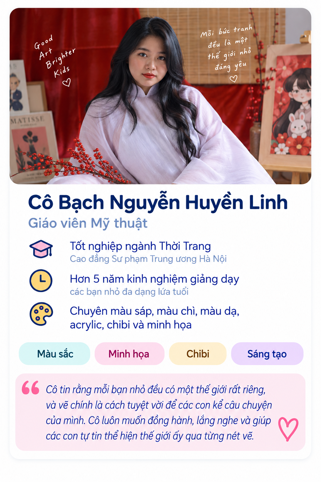A portrait of a young woman with long black hair wearing a light pink traditional dress, standing in front of artwork and decorative red berries, with handwritten notes and descriptions about her talents and preferences in art and teaching.
