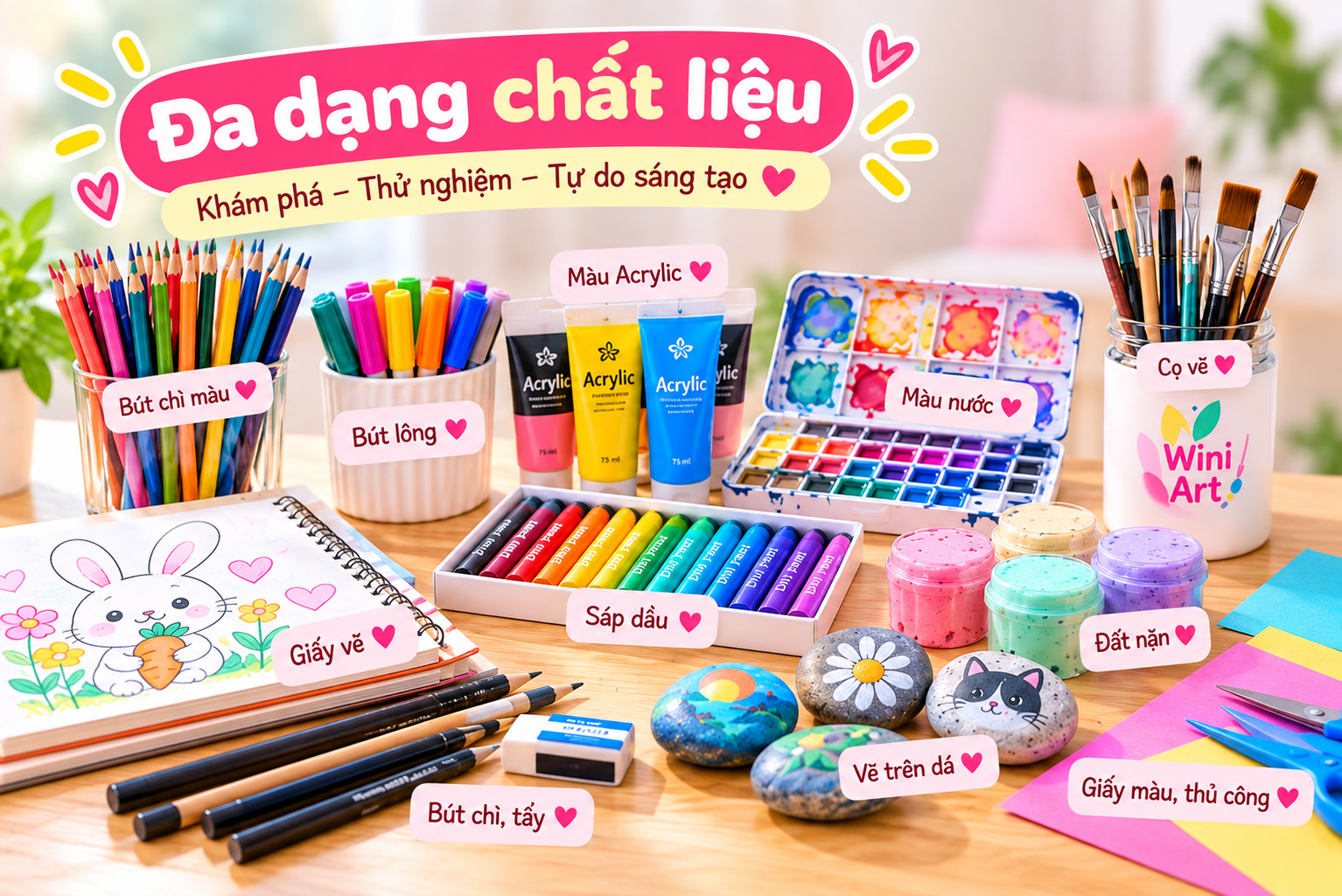 A colorful art and craft supplies setup on a wooden table, including markers, paints, brushes, rocks with painted designs, paper, and sketchbooks, with labels in Vietnamese pointing to each item.