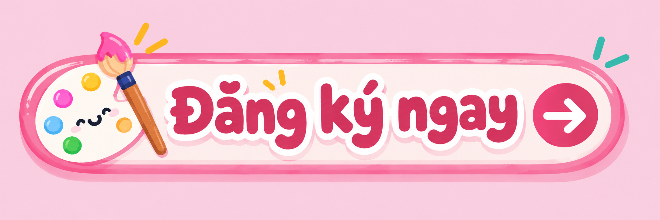 Pink cartoon paint palette with a smiling face and seven colorful paint spots, next to a pink paintbrush, with pink background and Vietnamese text 'Dành lấy ngay' and a pink arrow button.