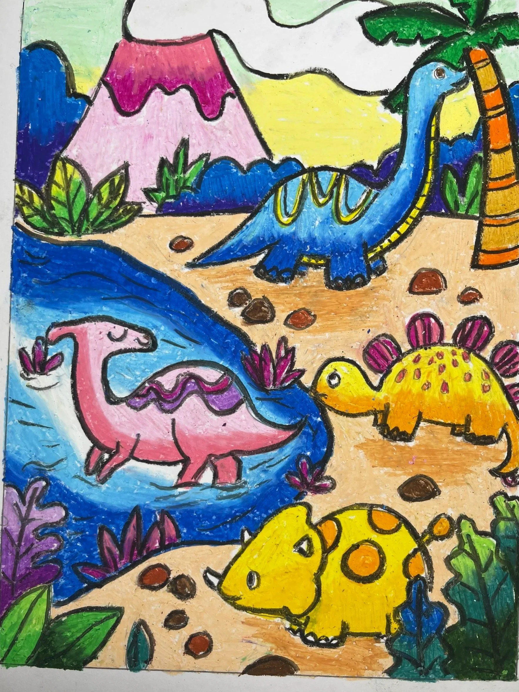 A colorful children's drawing of a landscape with mountains, a blue dinosaur, a pink flamingo, a yellow dinosaur, plants, rocks, and water.