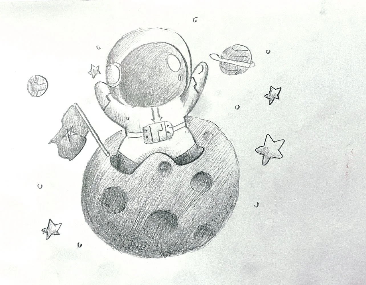 A pencil sketch of an astronaut in a space suit sitting on a small, cratered moon, holding a flag. The background includes planets, stars, and cosmic debris, all drawn with simple lines and shading.