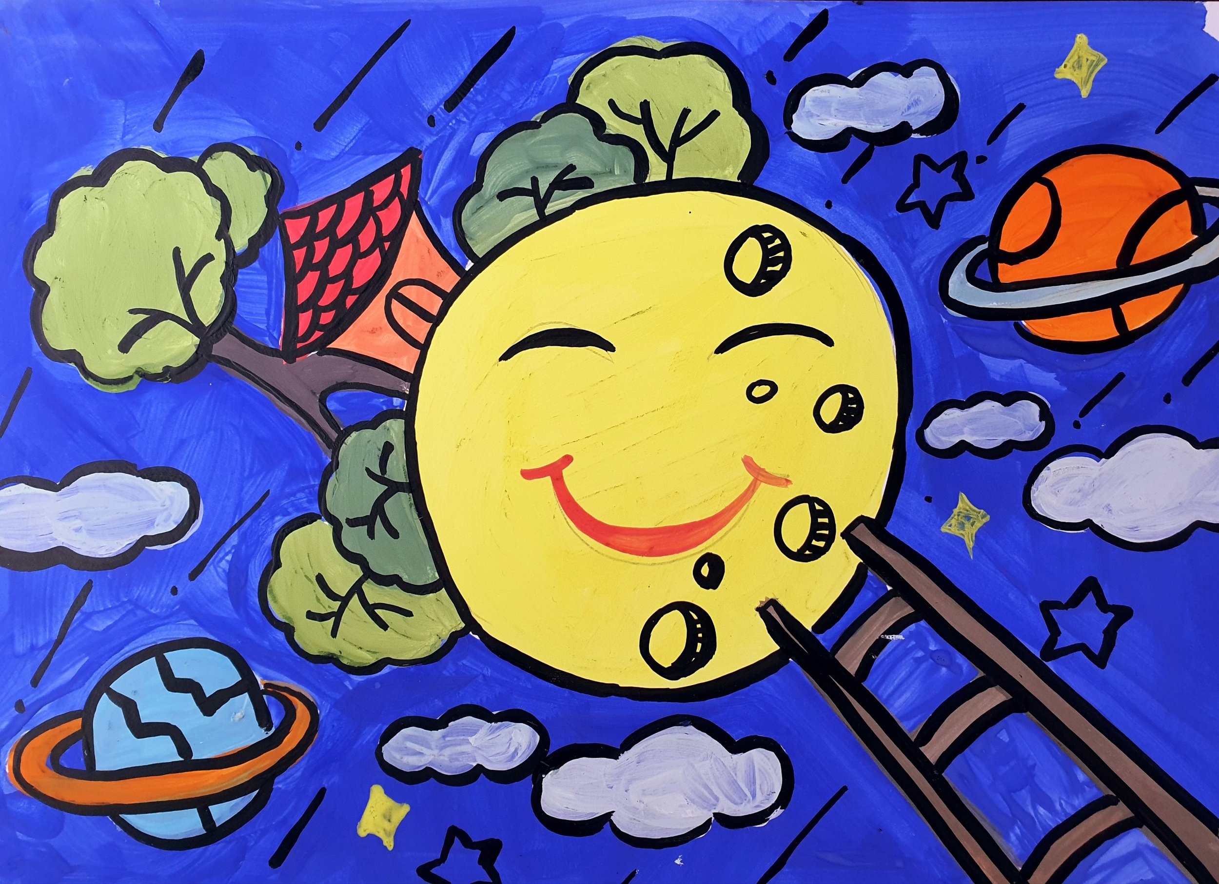 Colorful illustration of a yellow smiling celestial body with a red smiley face, surrounded by planets, clouds, stars, and a spaceship flying in space with a blue background.