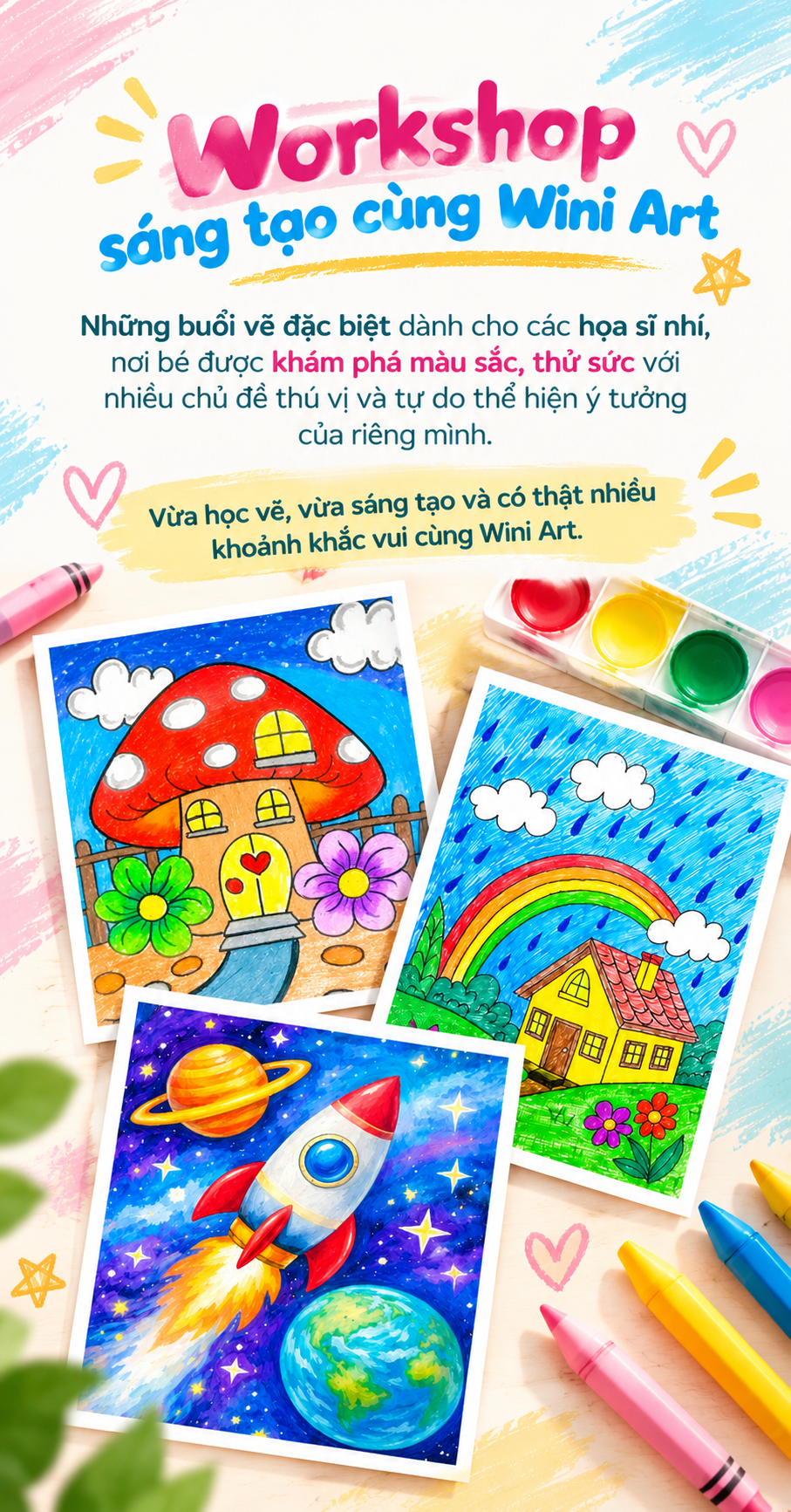 Colorful flyers promoting children's art workshop with paintings of a mushroom house, rainbow, and space rocket, along with paint set and markers.
